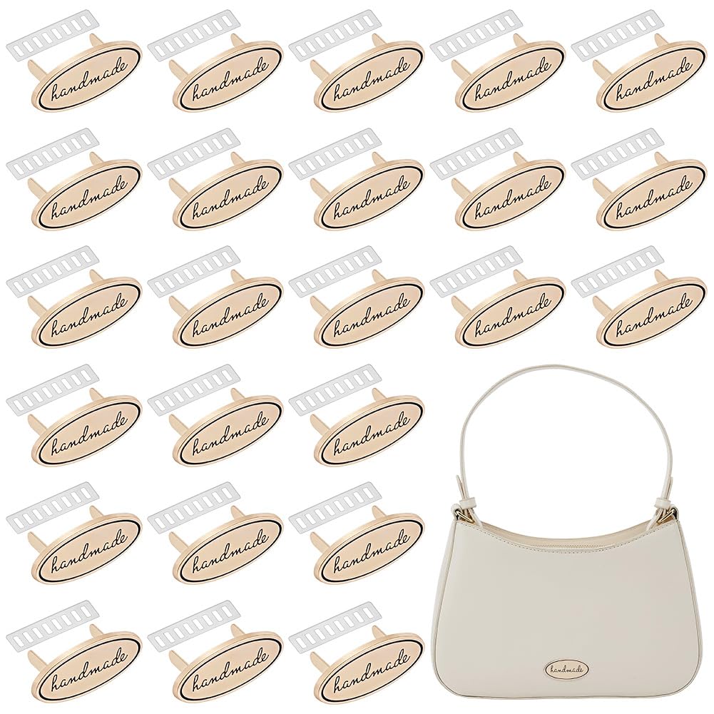 WEBEEDY 24 Sets Gold Metal Handmade Tags with Shim, Alloy Oval Crochet Tags Purse Bag Tote Labels Decoration Tag for Handmade Items Knitting Crochet Crafts Clothes Sewing Projects
