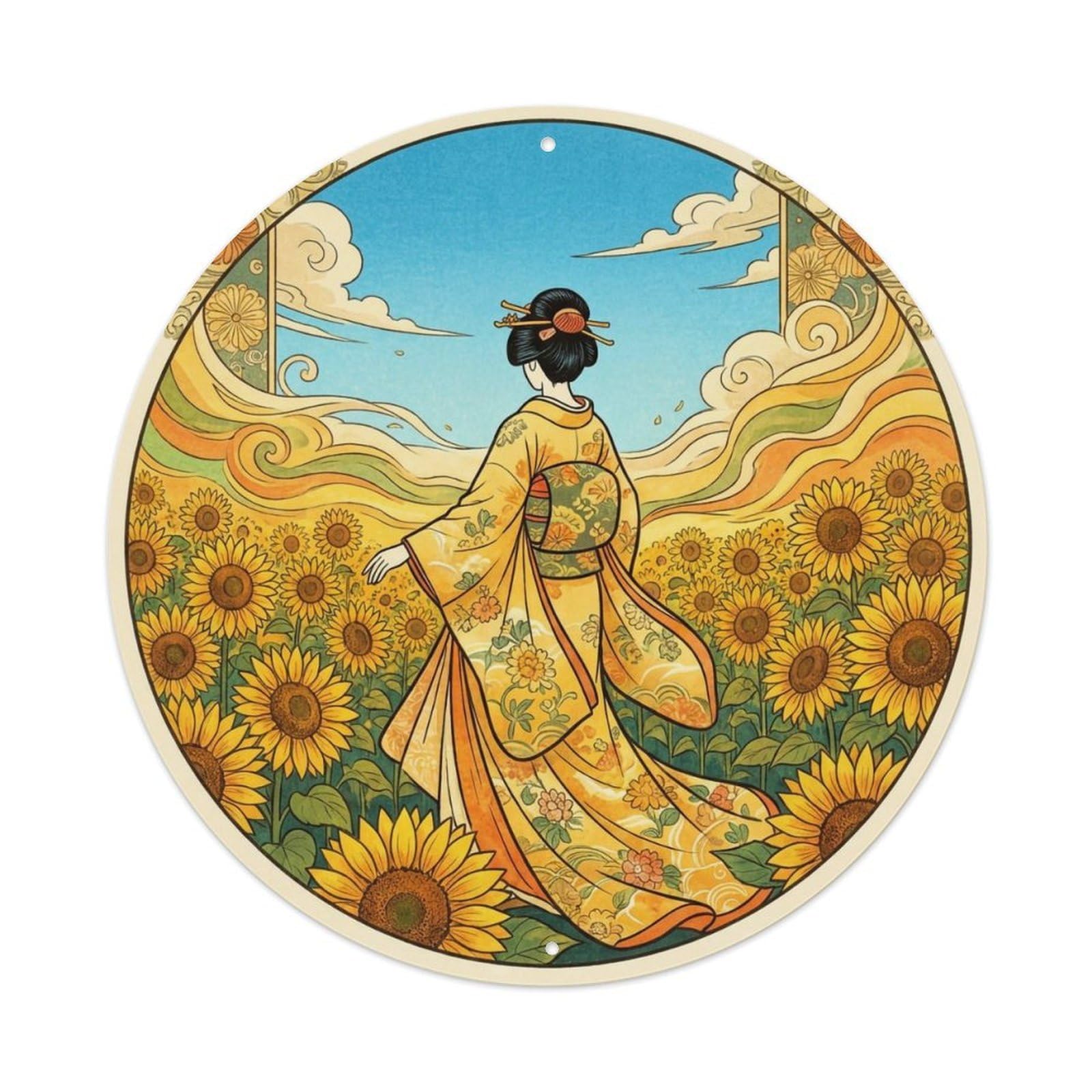 Yrnq 8X8inch Vintage Style Japanese Kimono Lady Sunflower Field Bright Summer Motif Metal Tin Sign