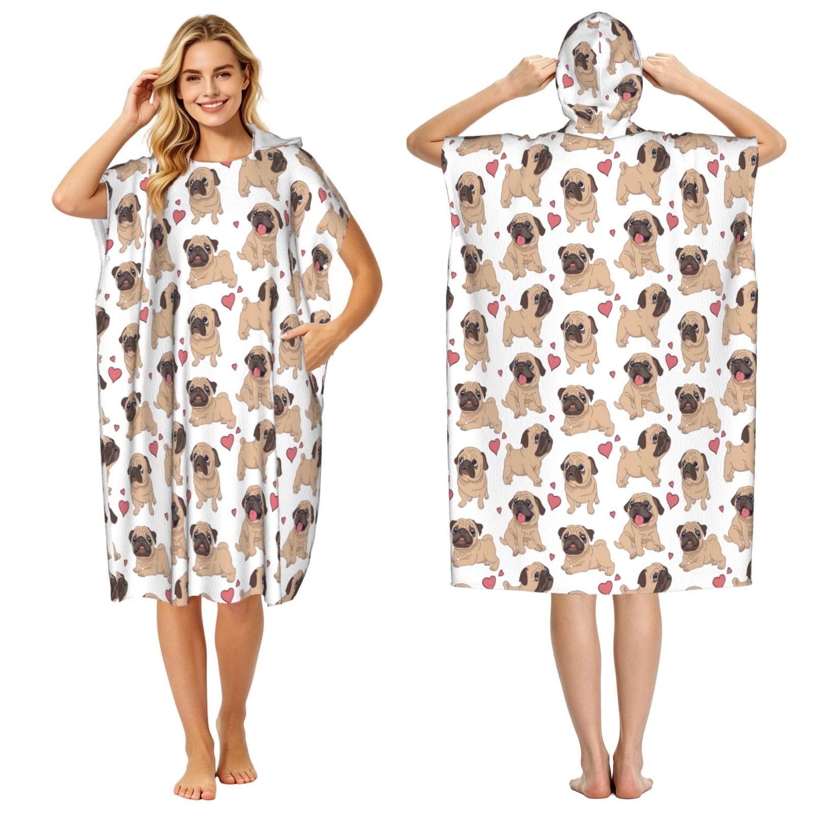 Cute Pug, Adult Hooded Beach Towel 90 x 110 cm,Changing Bath Robe, Surf Poncho Towel For Women Men