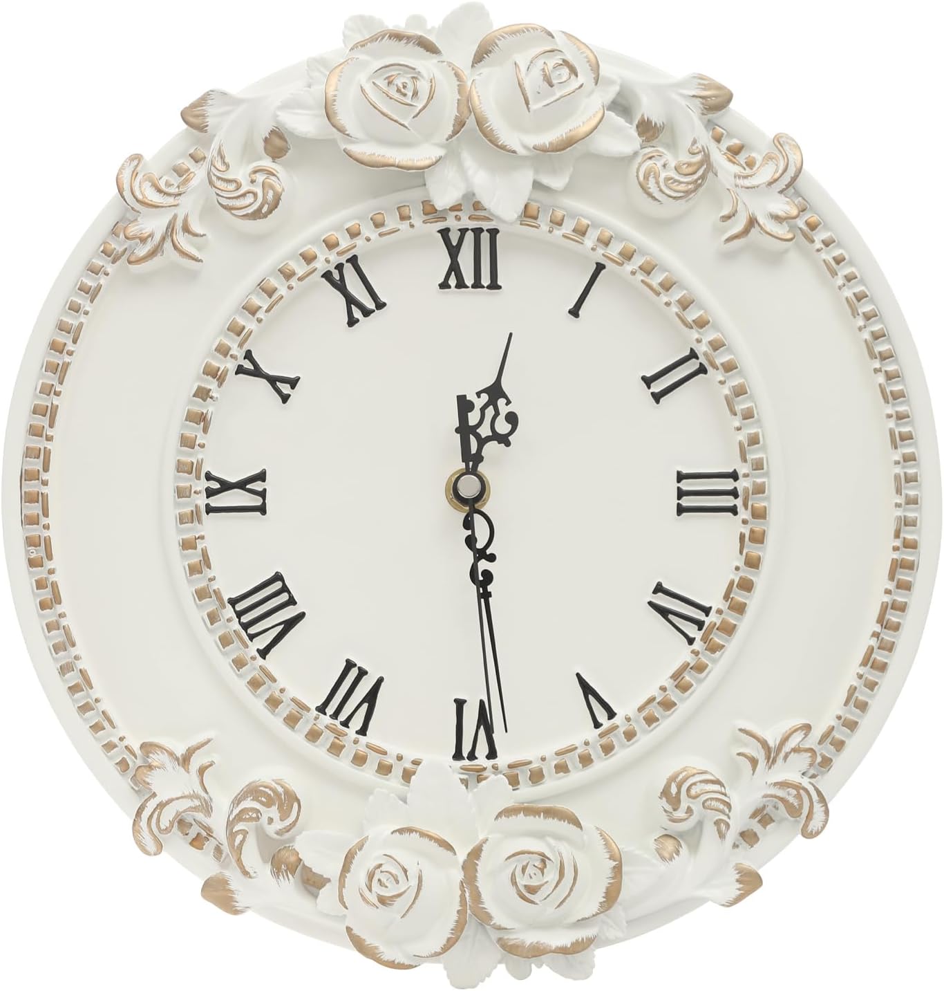 Photo 1 of European Style Resin Wall Clock, Retro Silent Clock with Rose Relief, Decorative Mural Clock for Living Room, Bedroom, Office, Farmhouse, Kitchen & Home Decor (White, 12.2 * 1.7 * 11.4in) 