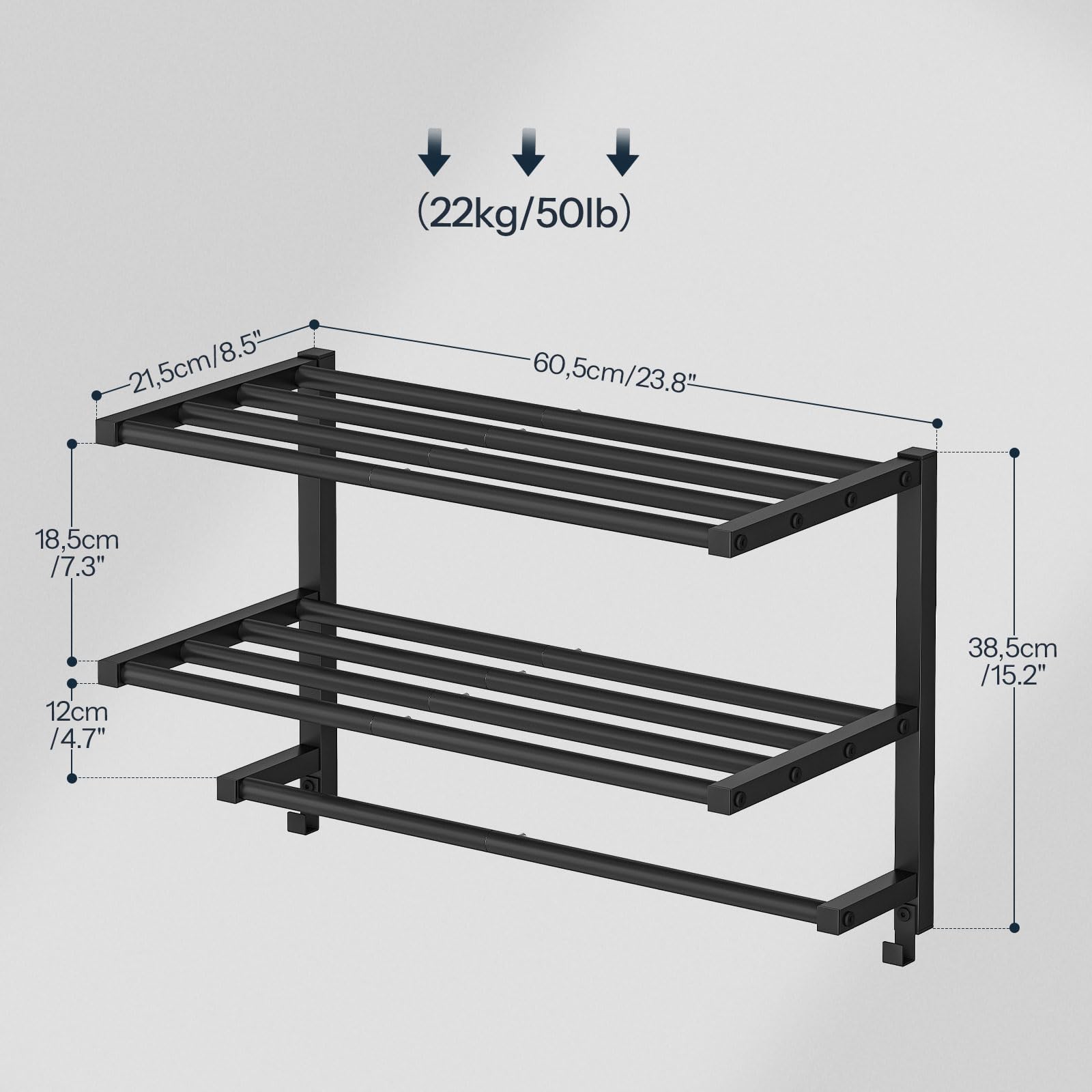 Toallero de Pared de 3 Niveles con Ganchos, Estante Metálico de Baño, para Toallas y Objetos de Aseo, 60,5 x 21,5 x 38,5 cm, Negro EBK08LB01