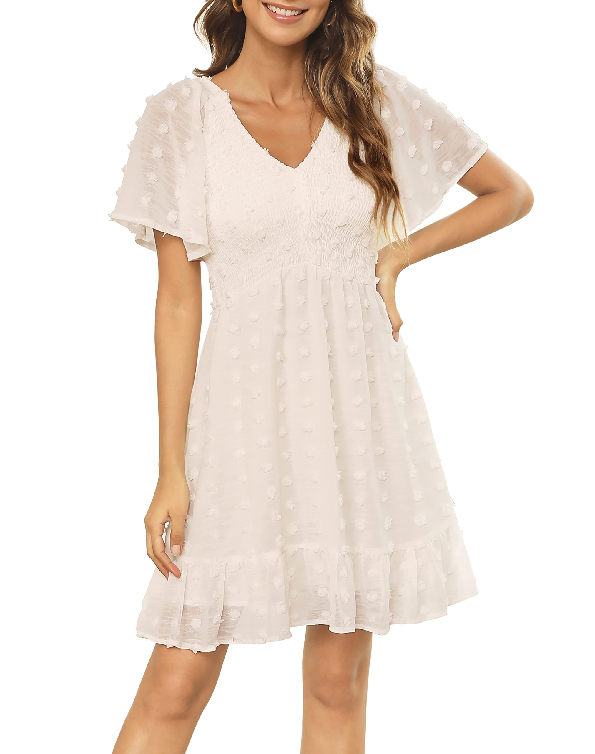 Zattcas Womens 2024 Summer Smocked Dress Short Flutter Sleeve V Neck Swiss Dot Babydoll Ruffle Tiered Mini Dress