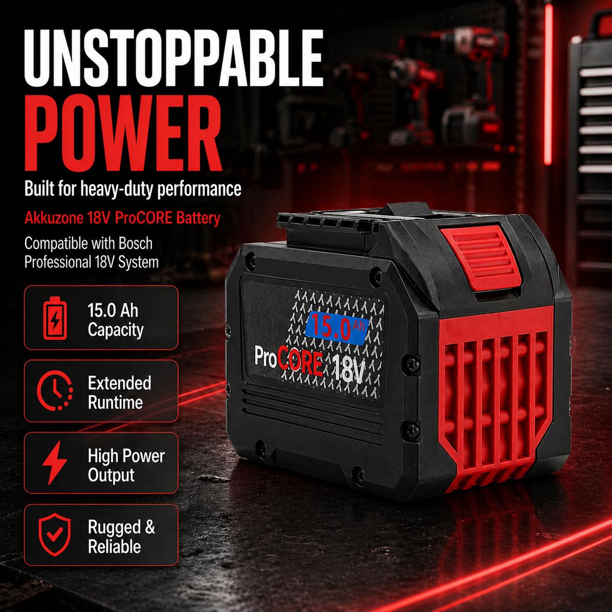 15.0Ah Akku kompatibel mit Bosch Professional 18V System – Hochleistungs Lithium-Ionen Ersatzakku – für GBA/ProCORE Geräte – Lange Laufzeit & hohe Leistung
