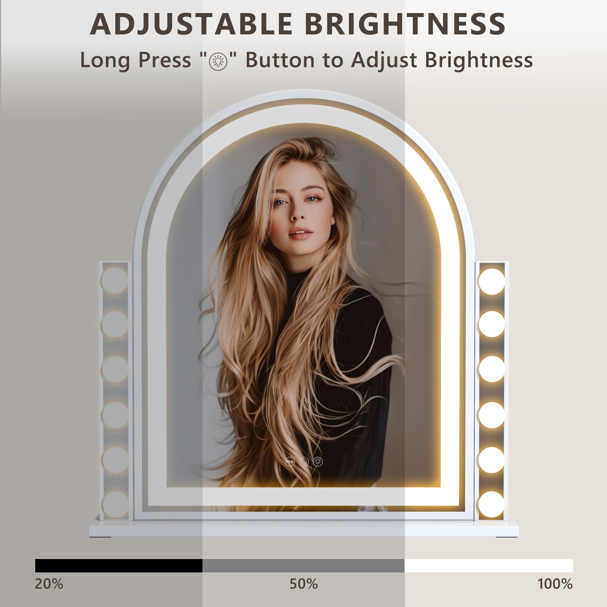 FENCHILIN Schminkspiegel mit Beleuchtung 59.5x57cmHollywood Spiegel mit 12 Dimmbare und Lichtleiste 3 Farbmodi Bogenförmiger Spiegel mit Beleuchtung Touch Steurung HD Gehärtetes Glas Weiß