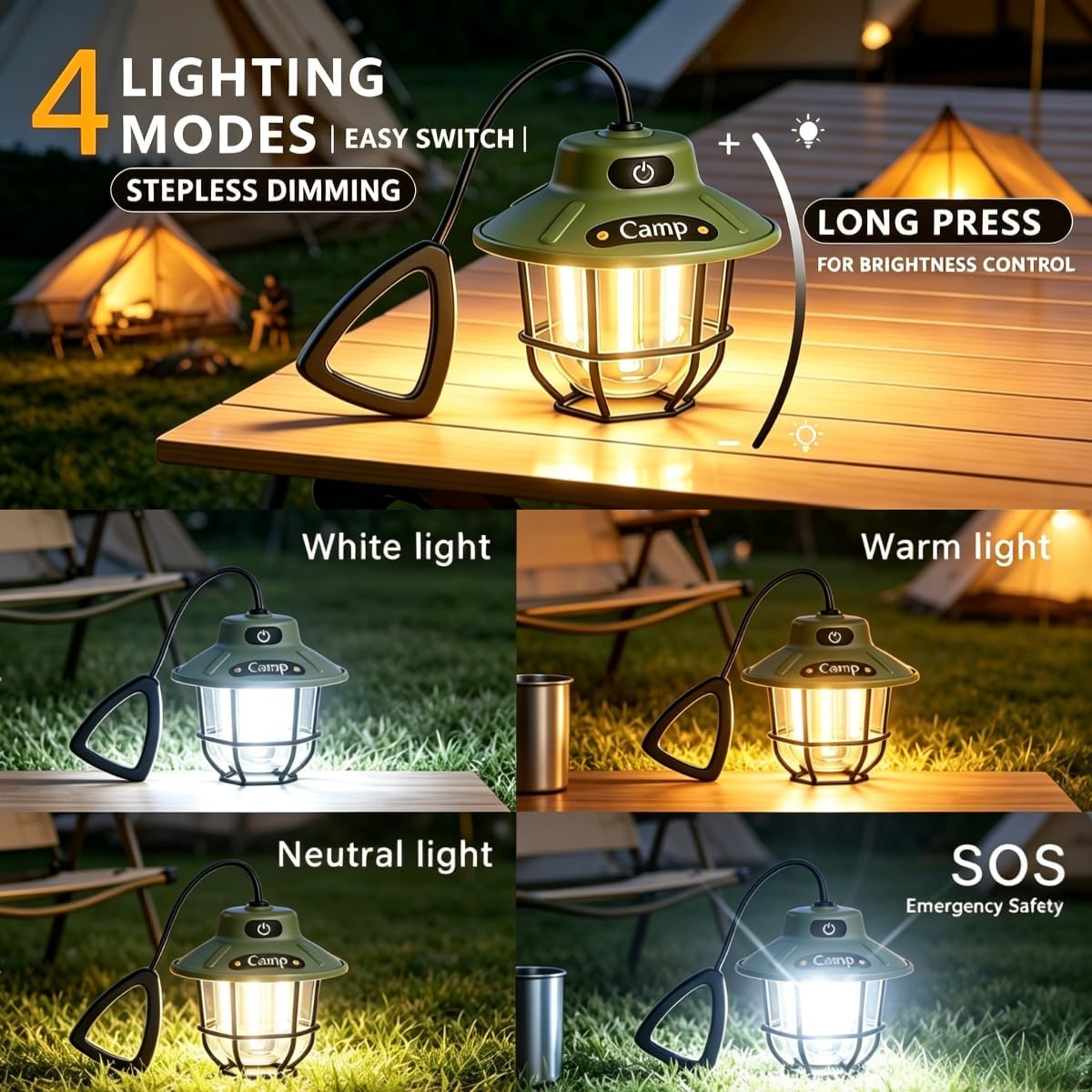 Lanterna da campeggio da 1200 lumen, luce LED ricaricabile con 4 modalità di illuminazione, torcia portatile USB per esterni, per campeggio, escursionismo, emergenze, interruzioni di