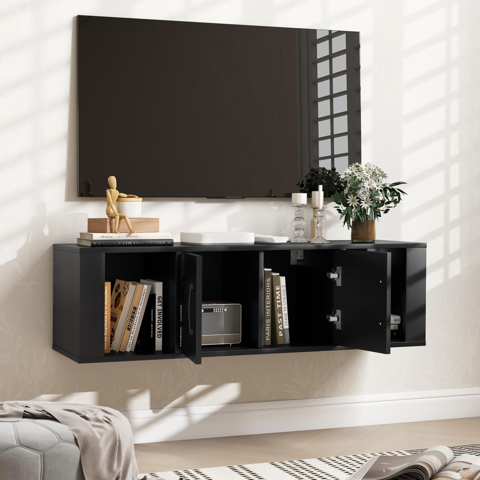 GIANTEX Mobile per TV sospeso con armadio, armadio con ante e ripiani aperti, supporto da parete, armadio da bagno, moderno, per soggiorno, camera da letto, ufficio, 108 x 33 x 30,5 cm (nero)