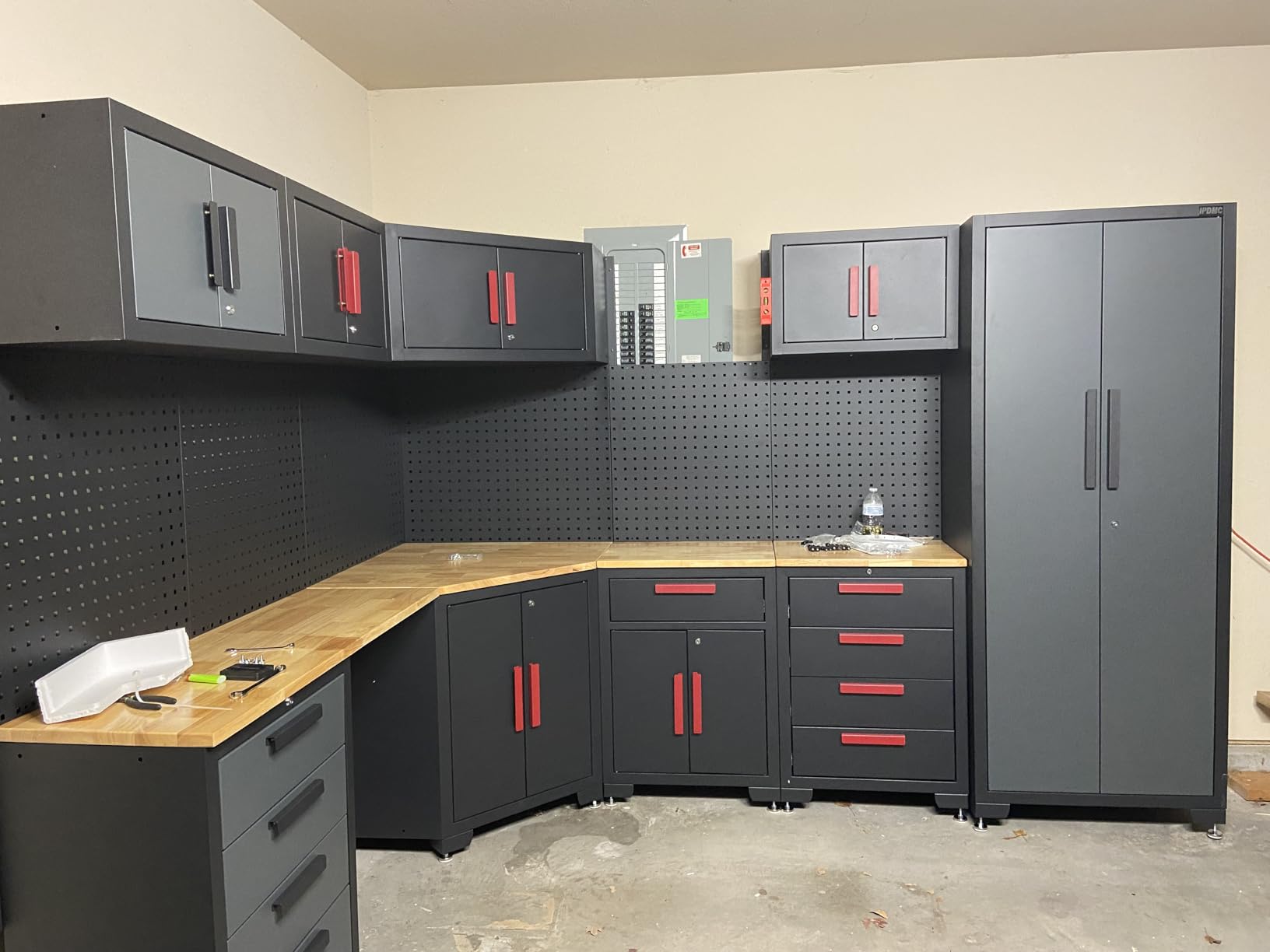 HPDMC 15-Piece Corner Garage Storage Cabinet System full L-shaped configuration in garage
