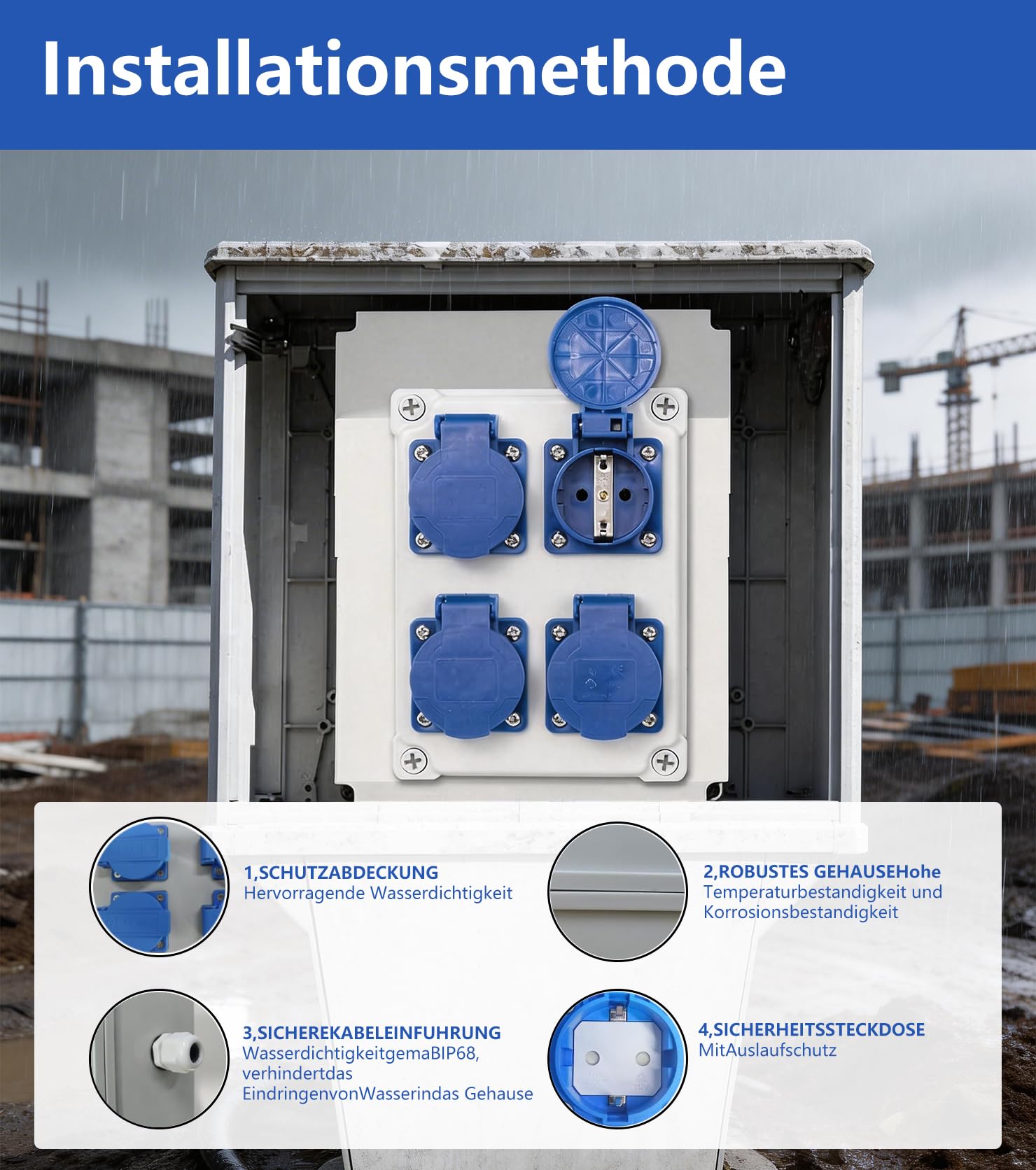 Répartiteur mural pré-câblé avec 4 prises de 230 V 16 A Montage en saillie Schuko IP44 Étanche pour chantiers de construction, maison, industrie, intérieur et extérieur