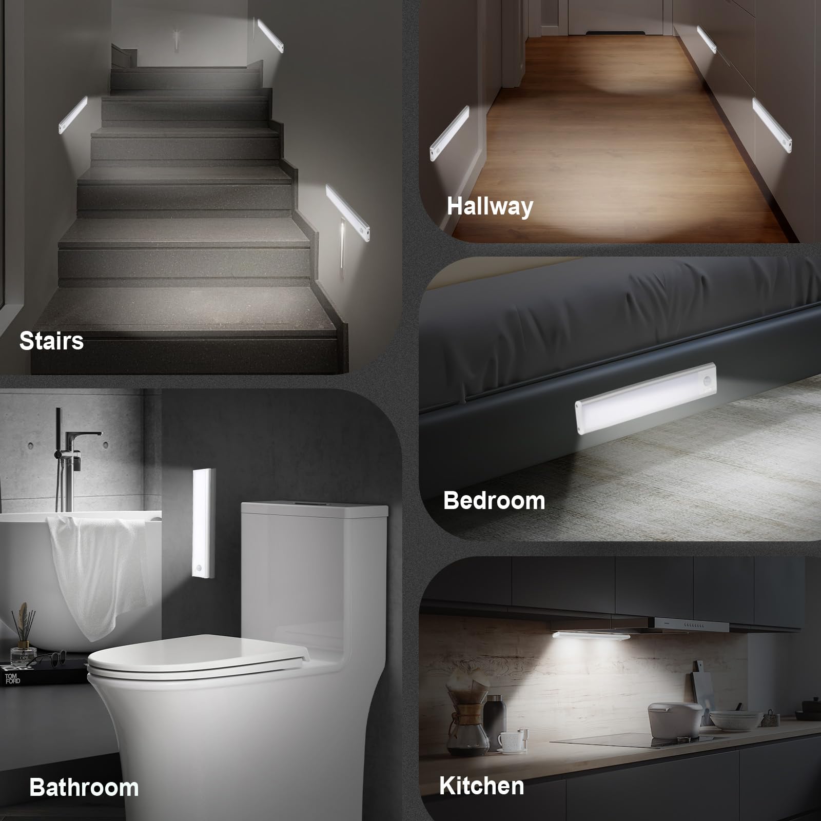 AiQInu 66 LED Closet Light con sensor de movimiento, USB recargable LED Undercabinet Light, 20cm Dimmable Closet Lámpara con tira adhesiva magnética para la cocina, escaleras, pasillos