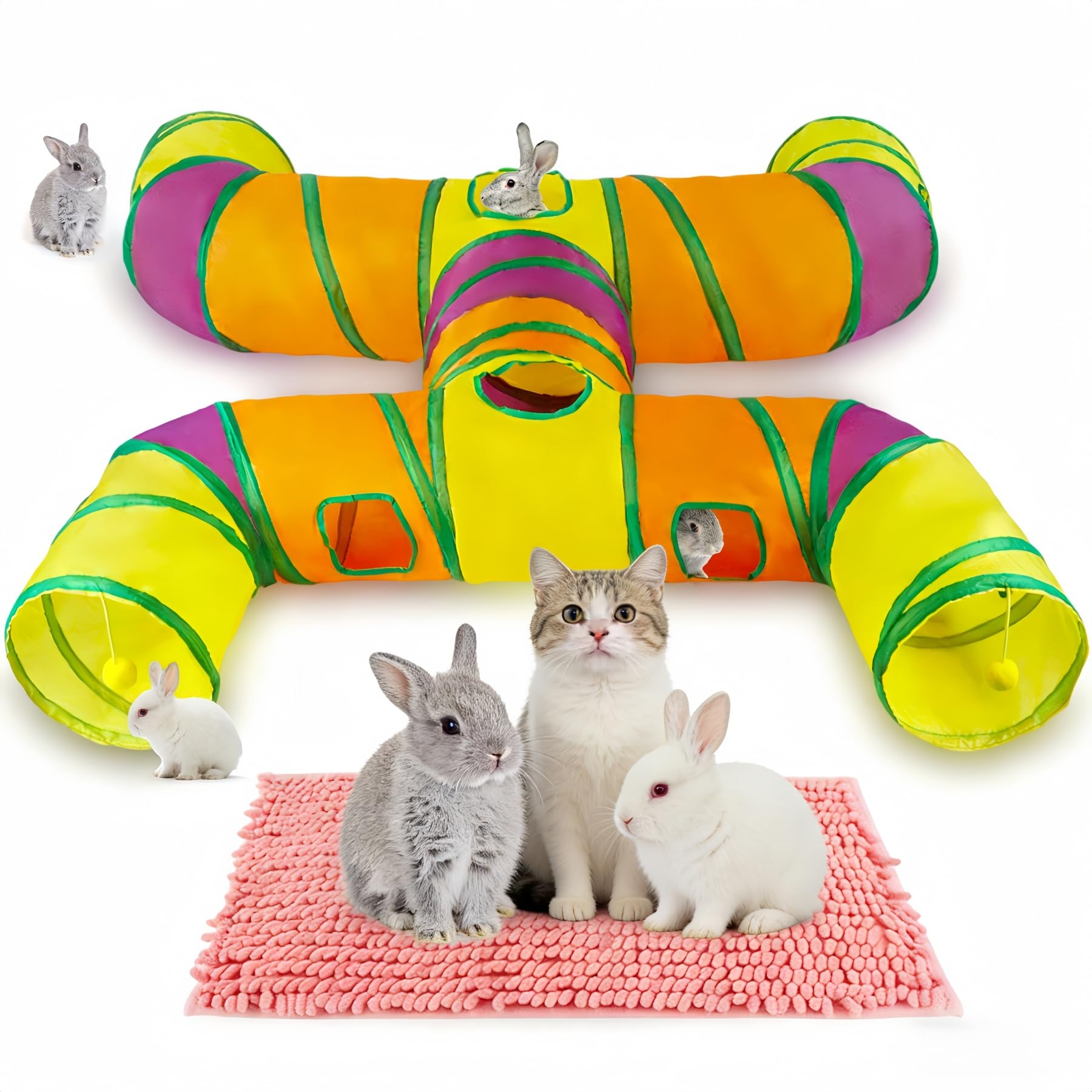 Letto a tunnel a forma di coniglio, a 4 vie, pieghevole, con cuscino, lavabile, resistente agli strappi, con coperta rosa, per gattini, conigli, porcellini d'India, per riposo, esercizio e