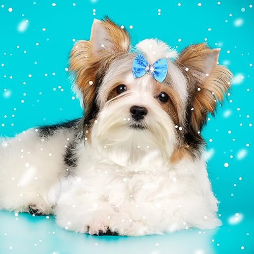 Miniatura 7 de Paquete de 100 lazos de invierno para perros con bandas de goma, lazos de copo de nieve para cachorros, accesorios para el pelo de mascotas, lazos
