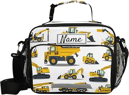 Bolsa de almuerzo personalizada con diseño de camiones de dibujos animados para niños y niños, bolsas de almuerzo personalizadas con tu nombre,