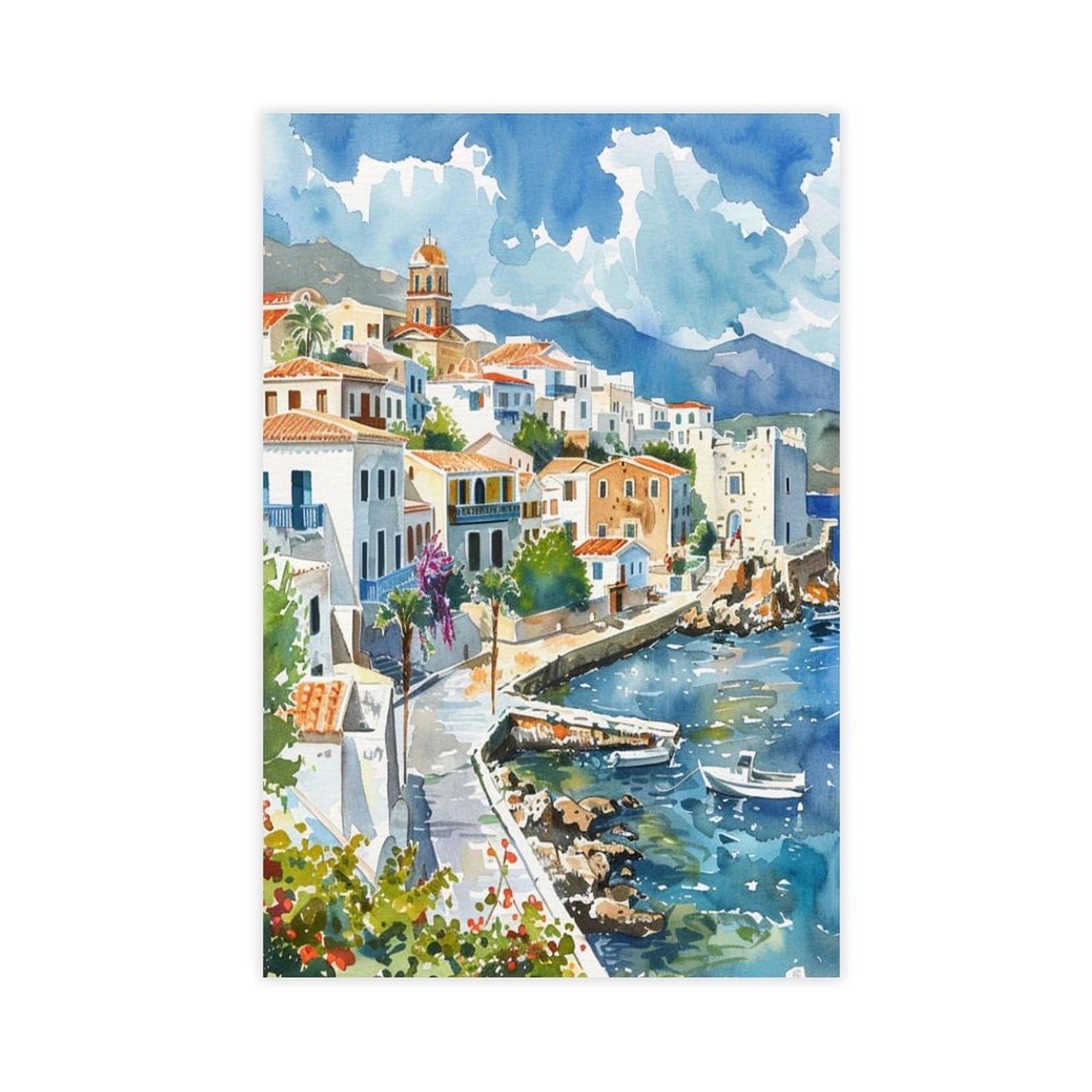 UTGN Crete Greece Print, Greek Watercolor Seascape Painting Canvas Poster Wall Art Print Picture Paintings 12x18inch(30x45cm)