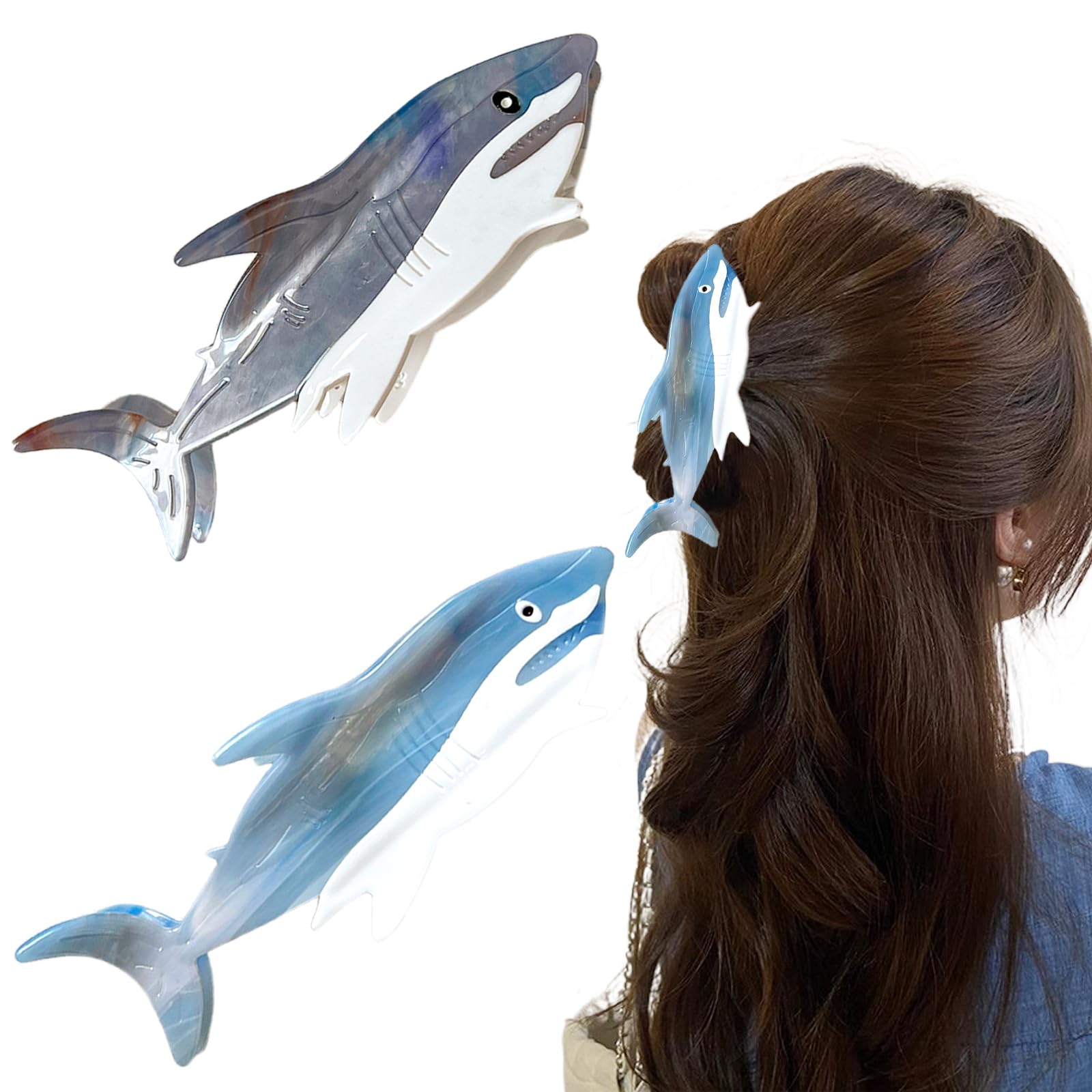 2 PCS Blue Shark Cellulose Acetate Hair Claw Clips Whale Shark Hair Clips Cute Big White Hair Clips for Women Girls Thick Thin Ocean Sea Animal
