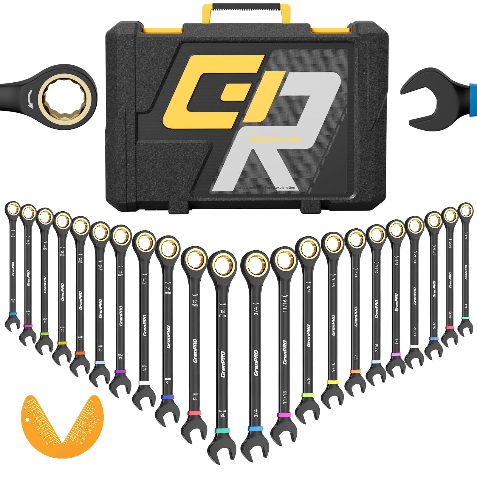 GRENPRO 23PCS Ratcheting Combination Wrench Set SAE & Metric Open End Tools | 1/4"-3/4"&6…