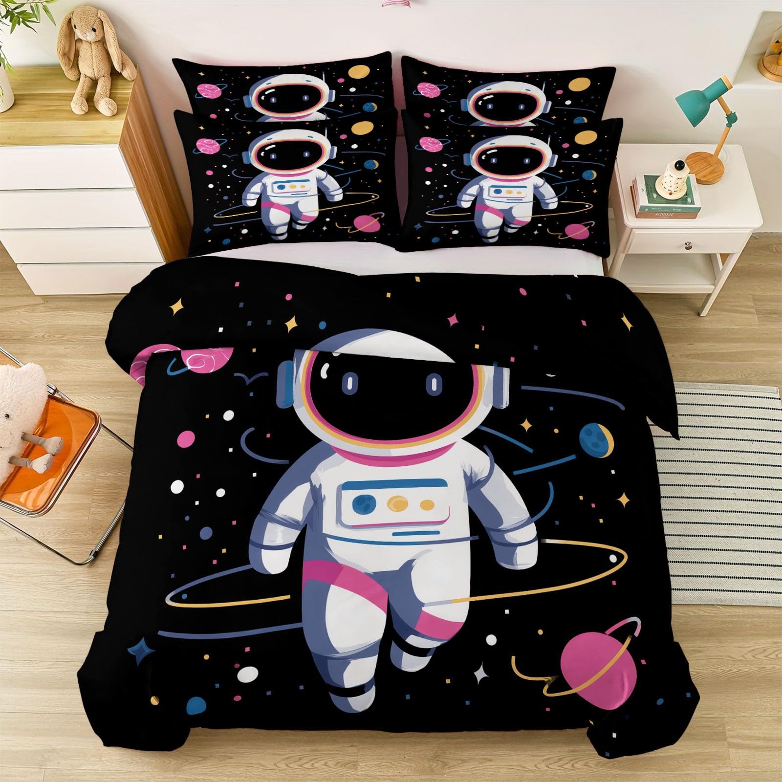 Illustration Kosmos Planeta Astronauta, czarna, miękka mikrofibra, oddychająca, nowoczesna poszewka na kołdrę z kreskówki, 1 poszewka na poduszkę, można prać w pralce, dekoracja pokoju młodzieżowego
