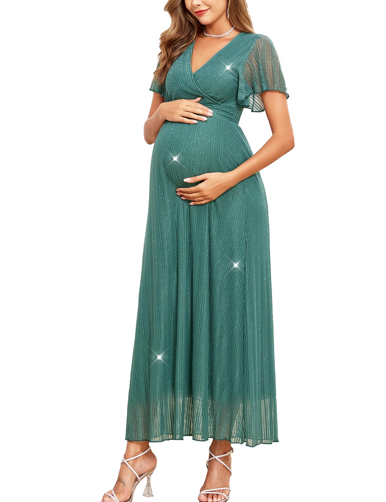 AISWI Glitzerndes Netz-Maxikleid mit Rüschenärmeln, V-Ausschnitt, fließendes Schwangerschaftskleid, Babyparty, Fotoshooting, formell