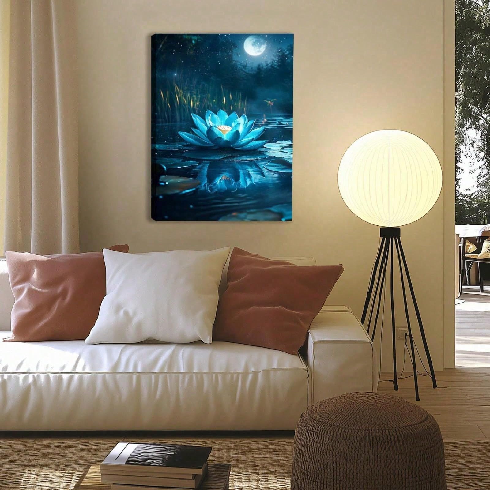 AIHNBF Mistico fiore di loto blu chiaro di luna laghetto stampa su tela incandescente ninfea notte natura paesaggio pittura zen meditazione decorazione per soggiorno camera da letto 80 x 120 cm