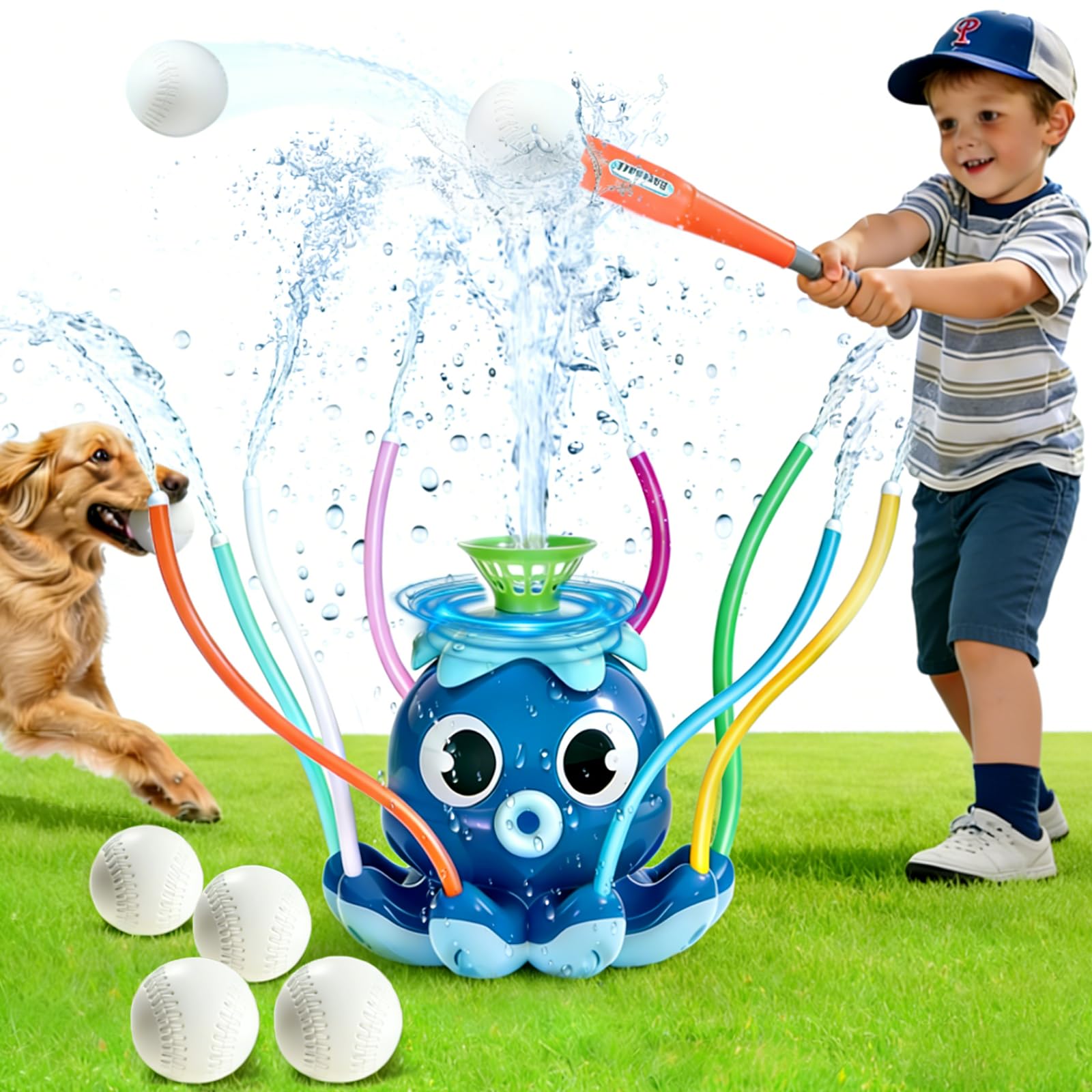 Wassersprinkler Baseballspielzeug, Octopus Kids Wassersprinkler T-Ball-Set mit Schläger 4 Bällen 2-in-1 Sommer Spielzeug für Draußen Rasenspiele für Kinder von 3 bis 12 Jahren (Blau)