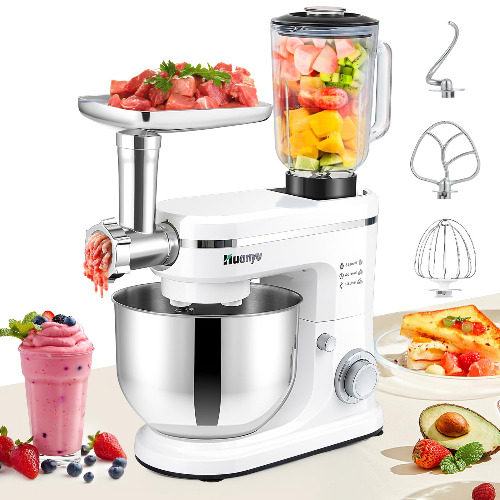 Huanyu 3-in-1 Multifunctional Stand Mixer with Meat Grinder 1.5L Blender Electric Kitchen Mixer with 6L Stainless Steel Bowl 6 Speed Food Mixing Machine for Home Cooking