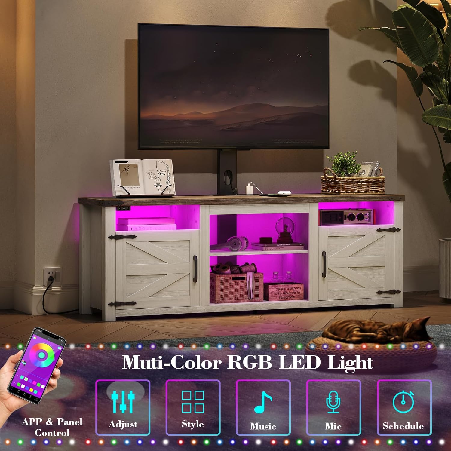 Farmhouse TV Stand with Mount and Charging Station LED Lights 55", Entertainment Center with Height Adjustable Swivel Mount and Barn Doors Storage Cabinets for TVs Up to 70 inch