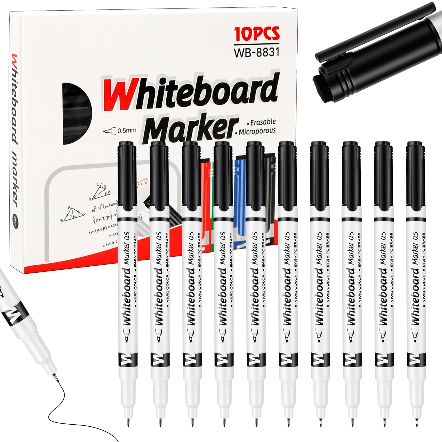 MOTIBACK Whiteboard Pens, 10 Pack Black Fine Tip 0.5mm Dry Erase Markers, Low-Odor White Board Pens Colour, Erasable Whiteboard Markers for Office