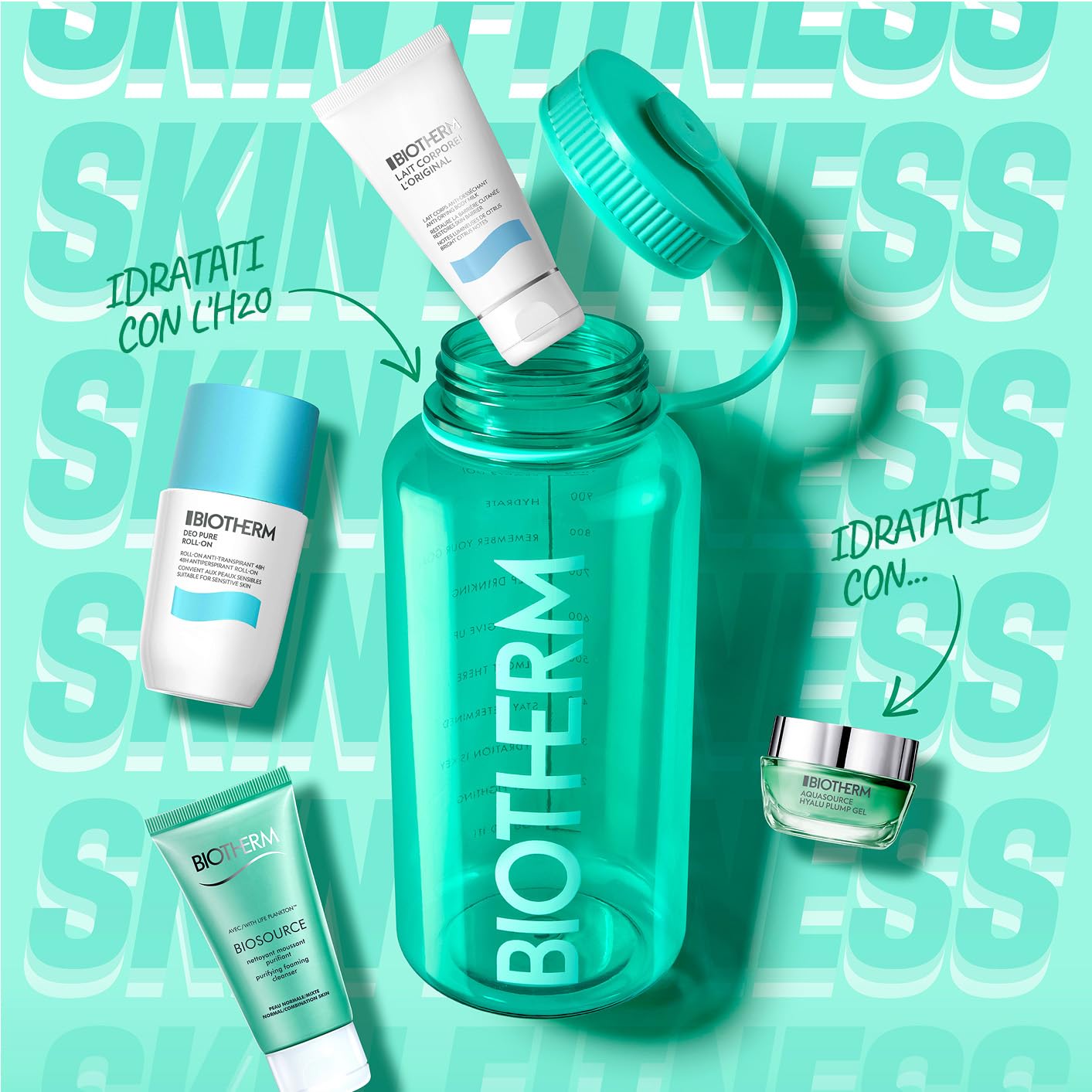 Biotherm, Aqua Drop, Prodotti Essenziali per l'Idratazione di Viso e Corpo | Quattro prodotti per la cura del viso e del corpo, per pelli da normali a grasse, in una borraccia in plastica da 1 litro