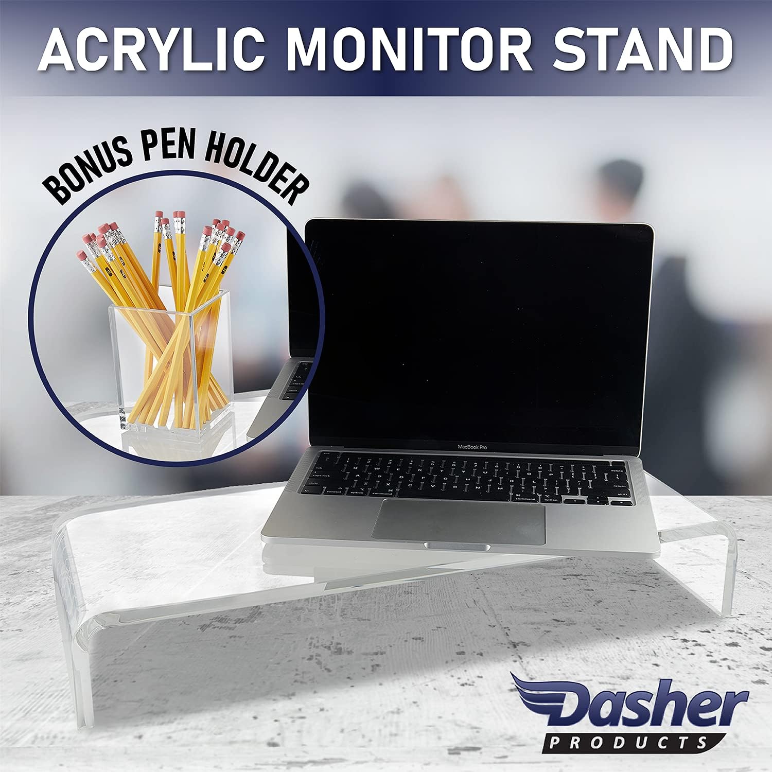 Dasher Products Acrylic Laptop Stand with Matching Pen Holder, Contemporary Design, Ergonomic Viewing Position, Raises Monitor 3 inches, 12mm Thick Clear Acrylic, No More Clutter