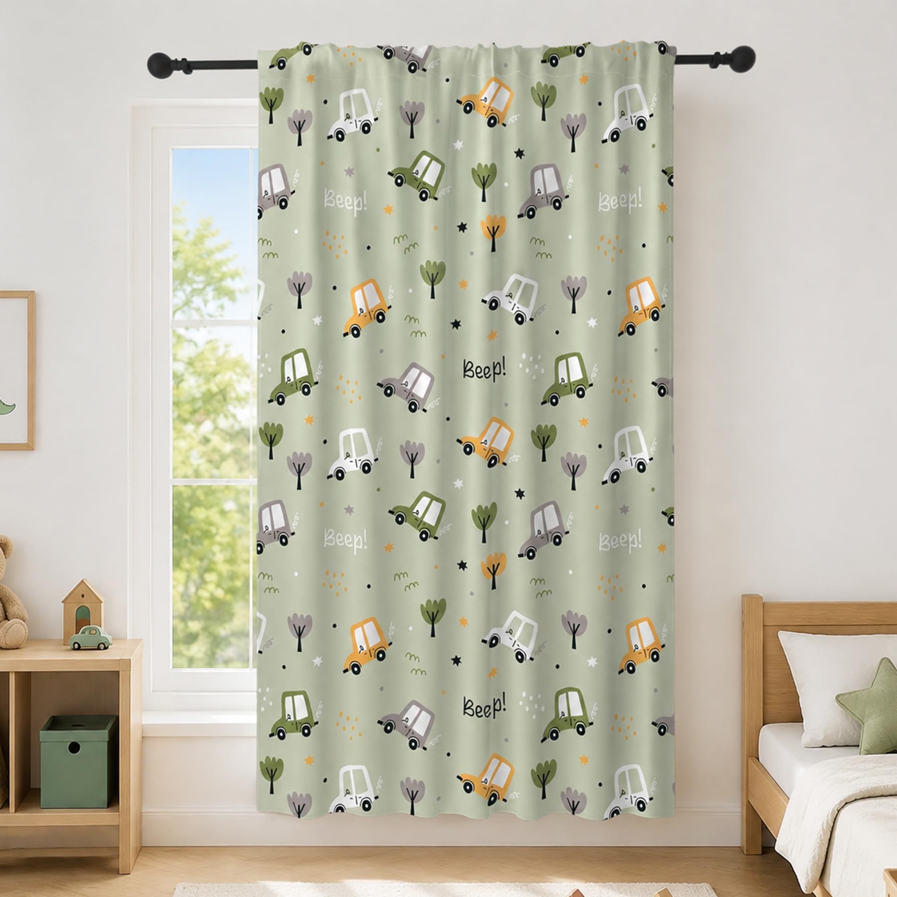 YONGFOTO Rideau Voiture Semi-Transparent Chambre Enfant Garçon Nordique | Rideau Vert Arbre Cartoon Véhicules Circulation Filtrant la Lumière Chambre Ado à Passe-Tringle 1 Panneau 140 x 229 cm