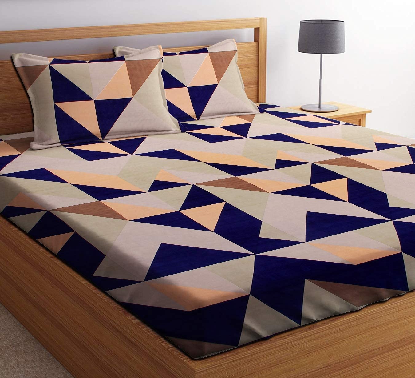 TIB 130 GSM Geometrical Cotton Feel Polycotton King Size Bedsheet with Two Pillow Covers, 90X100 Inches, Multi