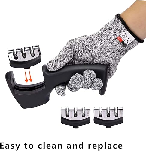 Miniatura 5 de Kit de afilador de cuchillos con guante resistente a cortes y 2 cabezales de afilador de repuesto, herramienta de cuchillos de cocina de calidad de
