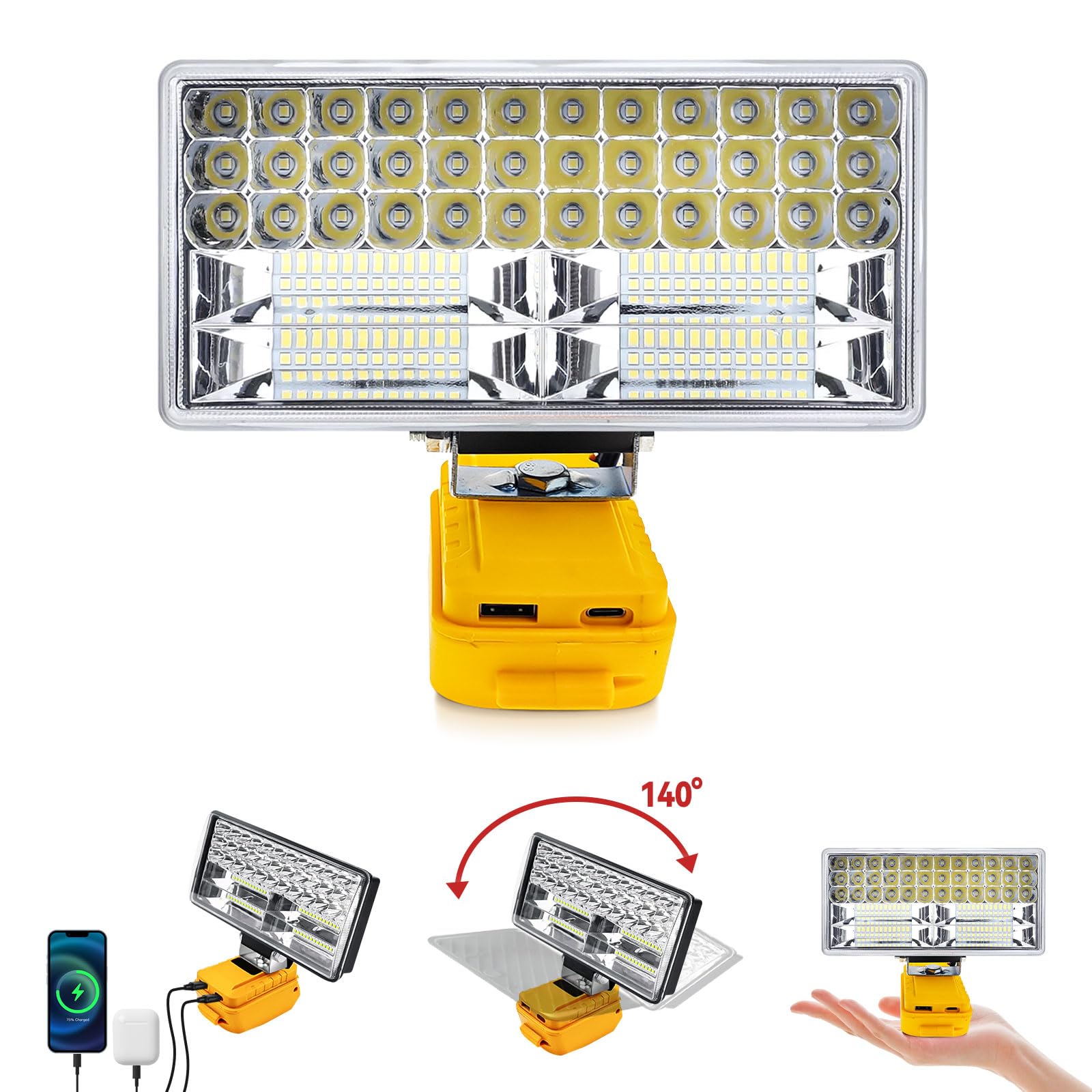 Lámpara de batería para batería Dewalt de 18 V/20 V, luz de trabajo LED inalámbrica de 90 W, 5400 lm, reflectores portátiles, lámpara de sitio de construcción, faro de batería con carga tipo C para