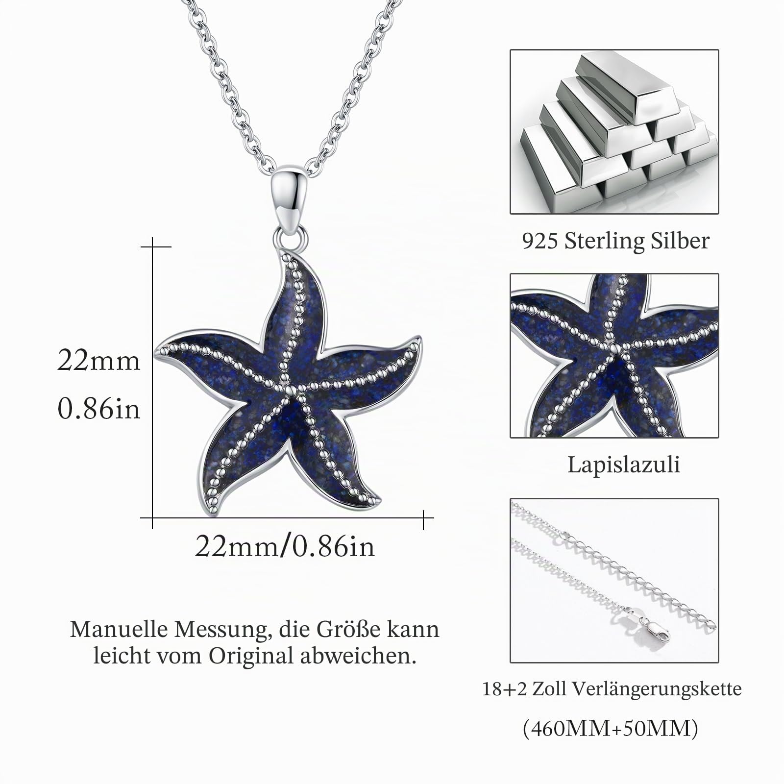REDSUN Seestern Kette 925 Sterling Silber Stern Anhänger Halskette mit Natürlichen Blau Kies Stein Seestern Ozean Anhänger Schmuck Geschenke für Frauen Maritimer Anhänger für Damen