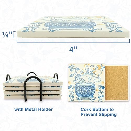 Miniatura 2 de Portavasos azules y blancos chinoiserie para gatos, posavasos de cerámica con base de corcho para amantes de los gatos, regalos de cumpleaños para