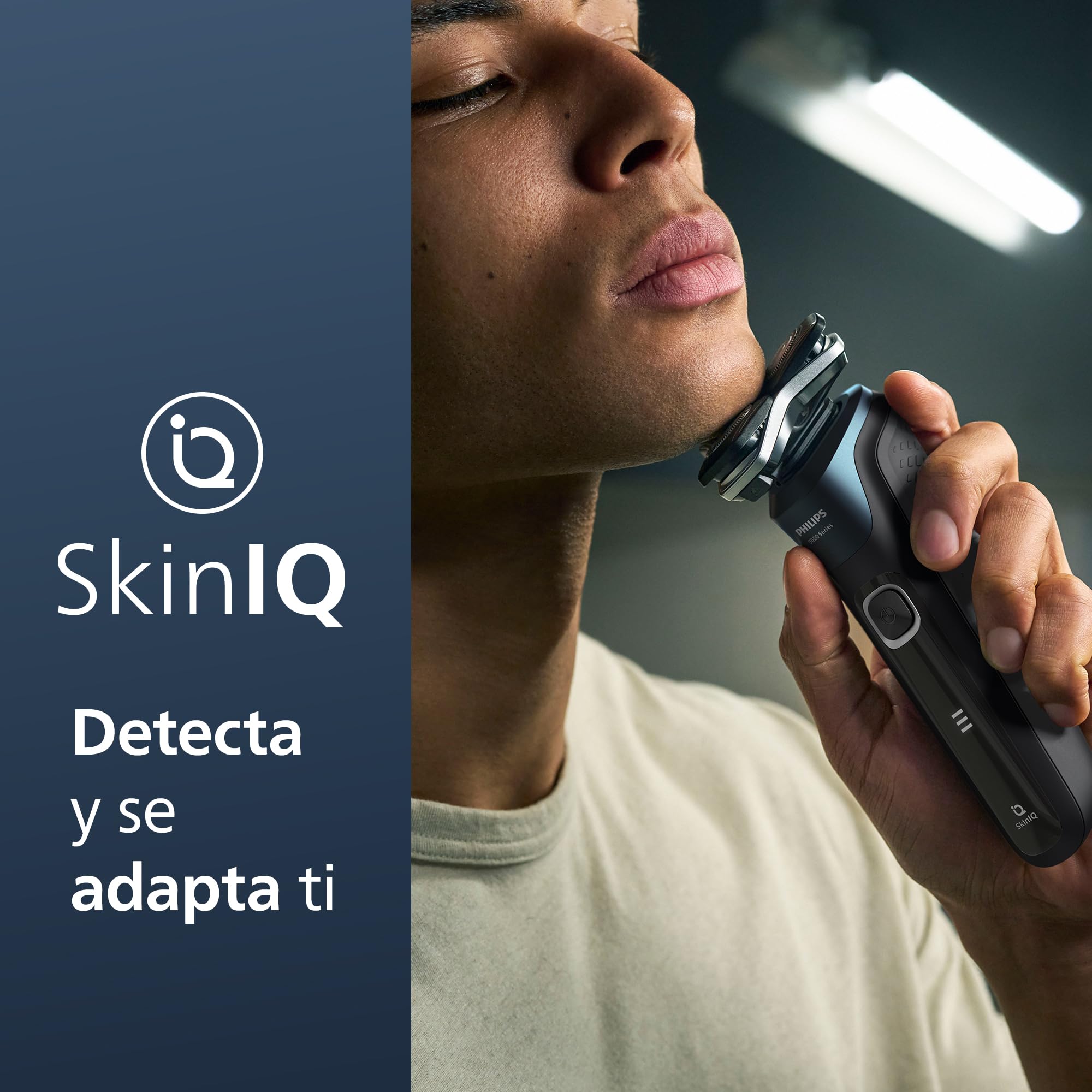 Philips Shaver serie 5000, afeitadora eléctrica Wet & Dry con tecnología SkinIQ, cortapatillas desplegable, estuche de viaje, Quick Clean Pod, azul eléctrico, modelo S5889/50