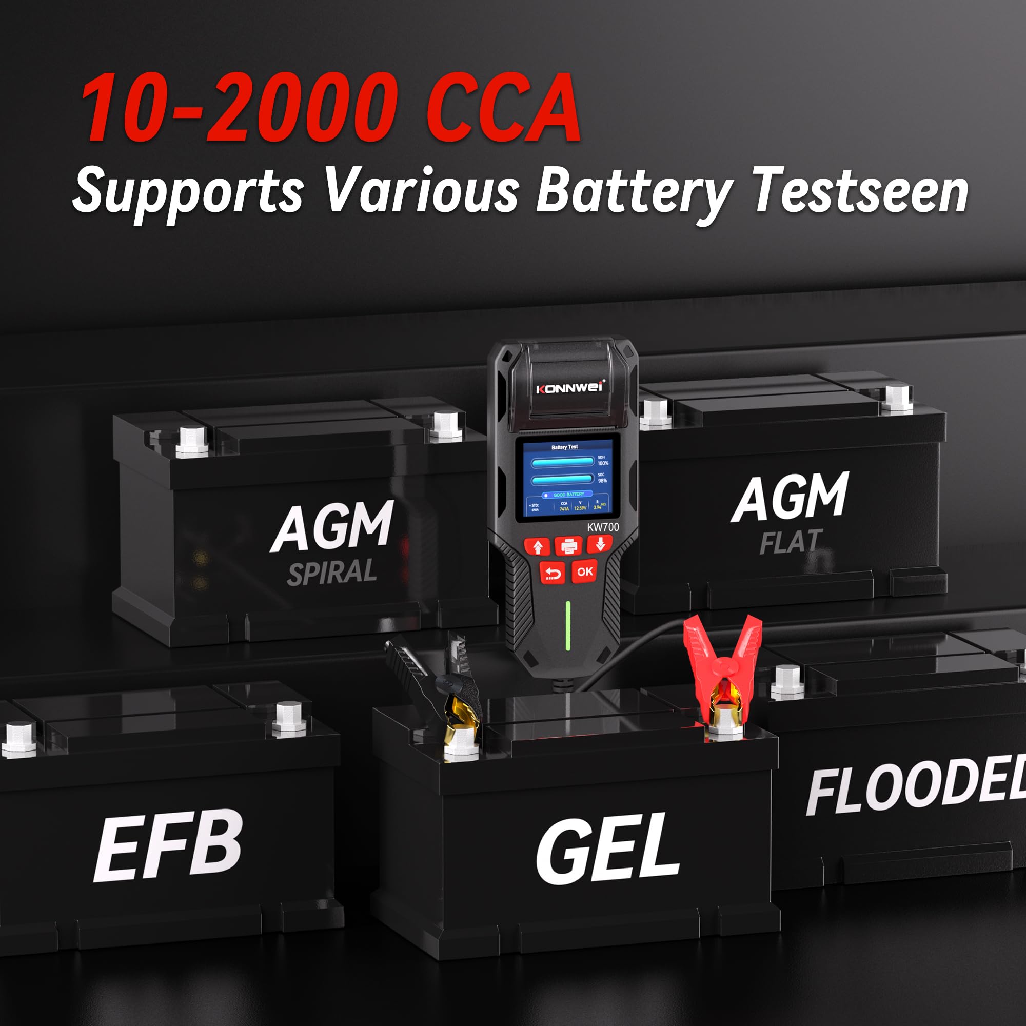 KONNWEI Tester akumulatora samochodowego z drukarką, tester obciążenia akumulatora samochodowego 12 V, 24 V, test rozruchu i ładowania, 100-2000 CCA, analizator baterii, alternator do samochodu