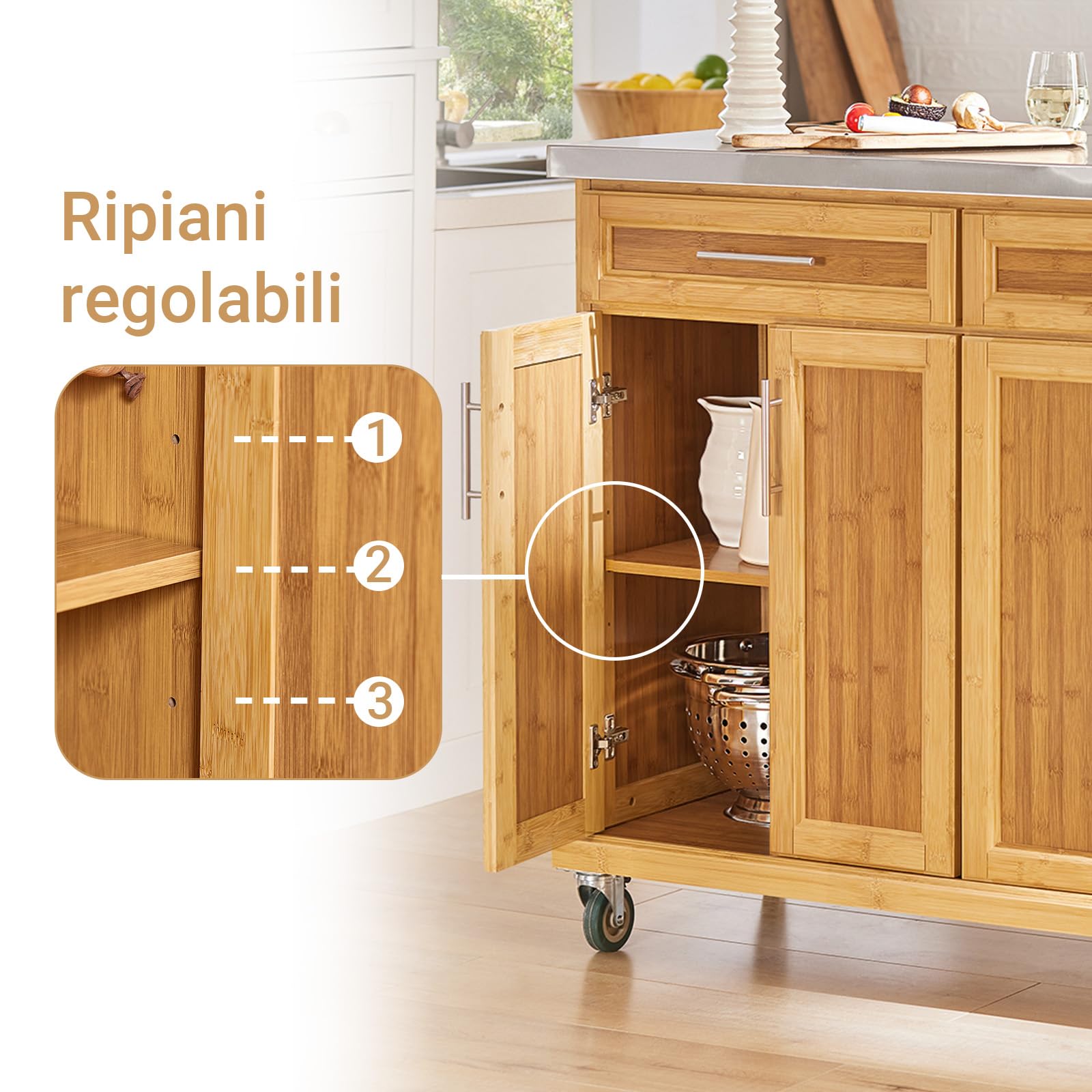 SoBuy Carrello Cucina con Ruote Isola Cucina con Piano di Lavoro Estensibile, 2 Cassetti e Ripiani Regolabili Mobile Salvaspazio per Mobili da Cucina Naturale 115 x (46-71) x 92 cm FKW69-N
