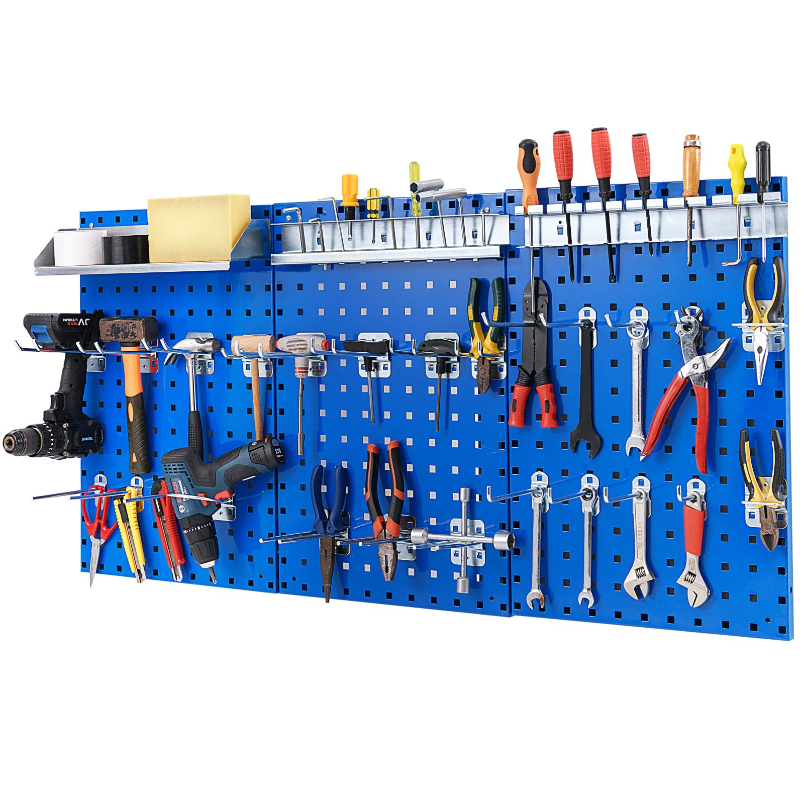 COSTWAY Kit 3 Pannelli Porta Attrezzi da Parete 60 x 40 cm, Pannello Forato Portaoggetti con 24 Ganci e Supporti, Pannello Portautensili per Officina e Garage (Blu)