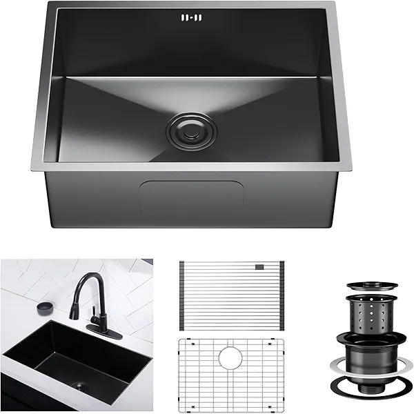 Kiamates 24 Inchs Undermount Kitchen Sink, 24 x 18 x 9 Inch Black-Grey Single Bowl, 16 Gauge Stainless Steel Nano Black Sink with Accessories for Workstation, Prep Kitchen, Bar Sink