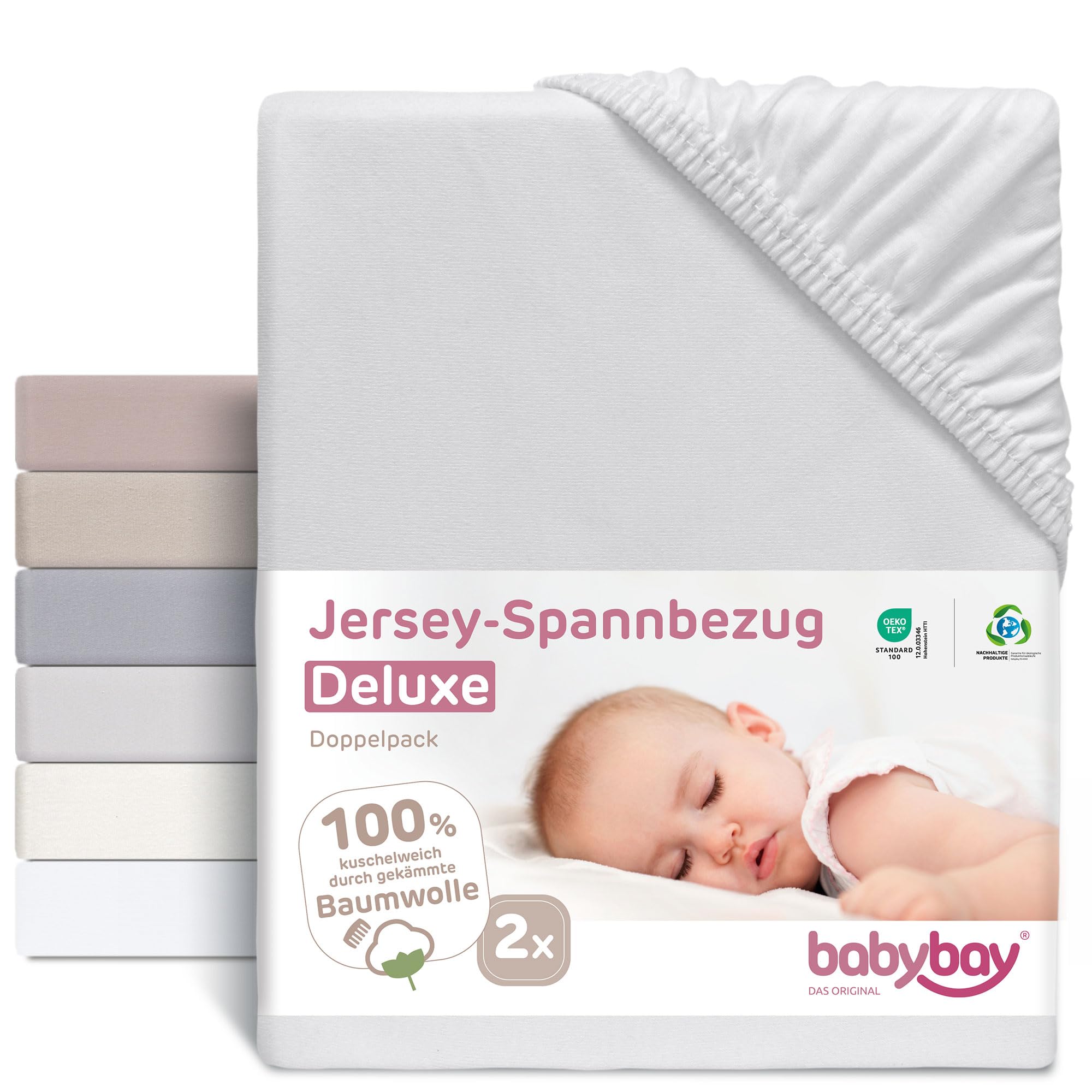 babybay Jersey Fitted Sheet Deluxe Double Pack Suitable for Maxi, Midi, Boxspring, Comfort and Comfort Plus Model, Light Grey
