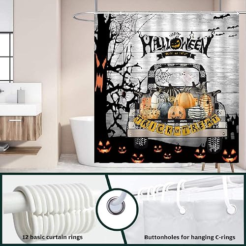 Miniatura 4 de Cortina de ducha de camión de Halloween, calabaza, granja, coche, árbol muerto, telaraña, murciélago, tablero de madera retro, espeluznante,