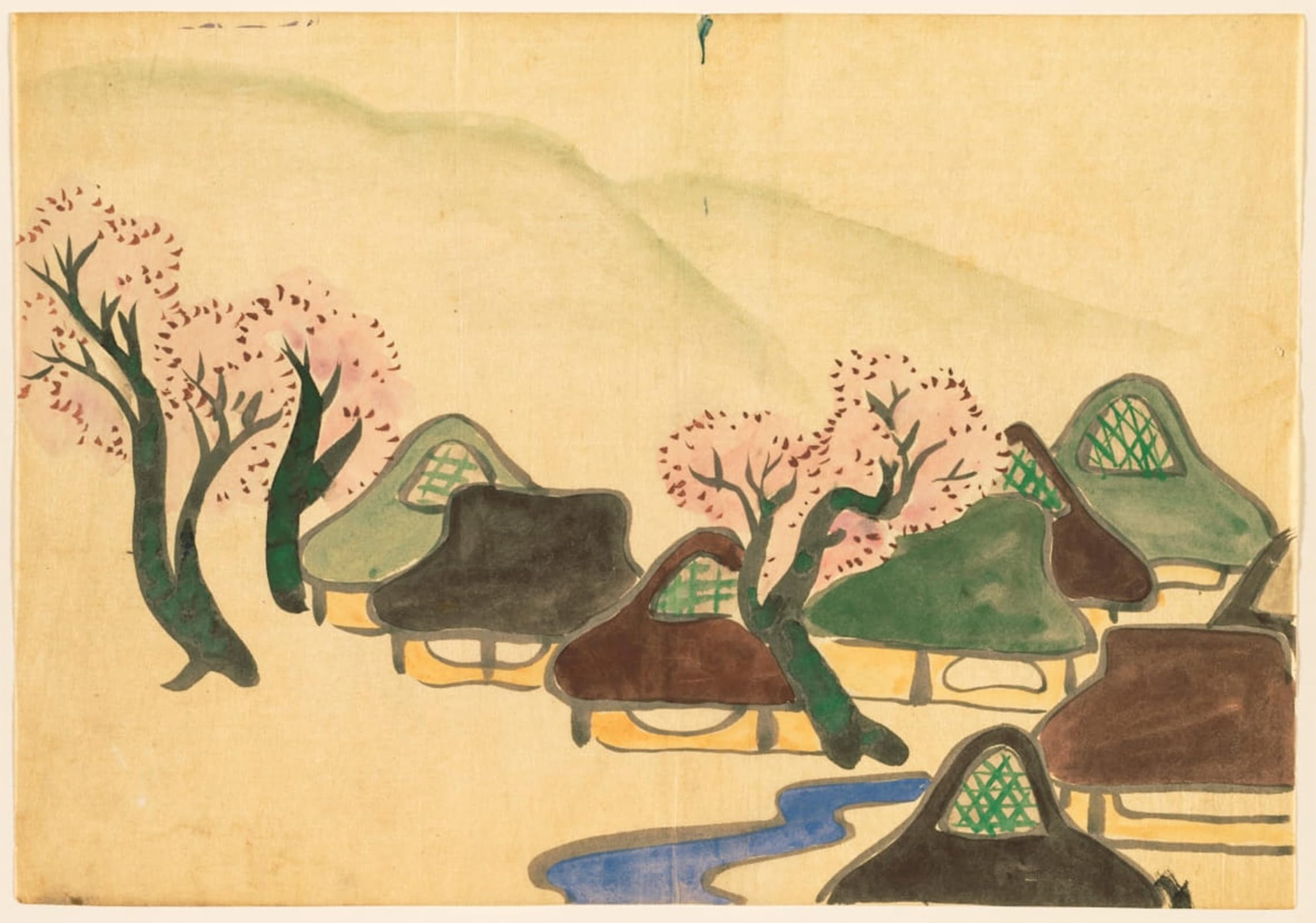 Posteriik No Frame Vintage Classic Picture Landscape Artwork Flowers Of A Hundred Worlds Farming Village In Spring By Kamisaka Sekka Portrait Canvas Painting For Office Home Decor 60X90cm