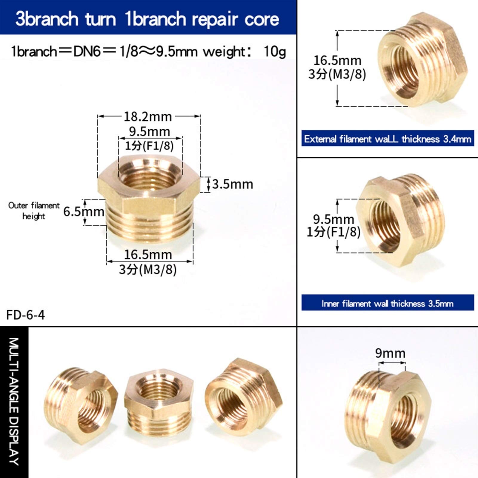 Zkenyao-Brass Connector Copper Inner and Internal Thread Conversion External Thread Copper Connector 1/8’, 1/2’, 1/4‘, 3/4’ to 1 Inch Brass Fittings, Simple to Install (Color : 3 Turn 1 Points)