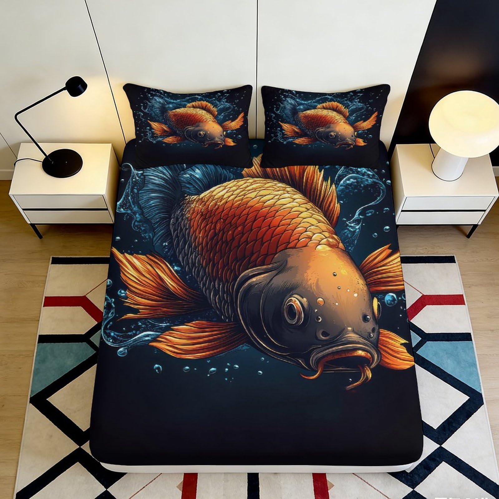 3D Printed Koi Fish Fitted Sheet Microfiber Orange Blue Aquatic Mattress Cover Bedroom Decor Adult Teen 120x200x25cm