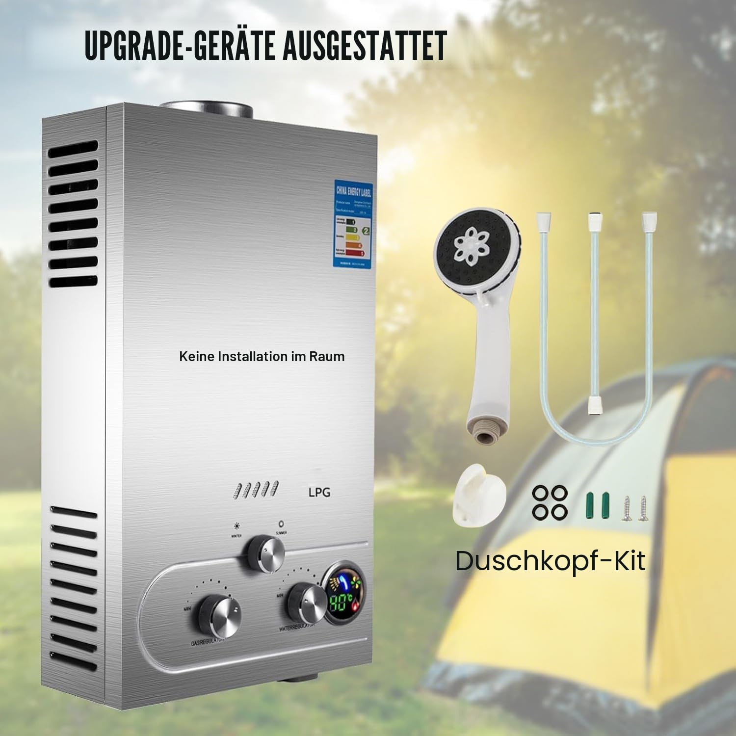 Gas-Wassererhitzer, 16 L/min 32 kW tragbarer wasserloser Durchlauferhitzer, sofortiger Propangas-Wassererhitzer mit digitalem Display und mehrfachem Schutz für Camping- und Wohnmobilreisen (16 L)