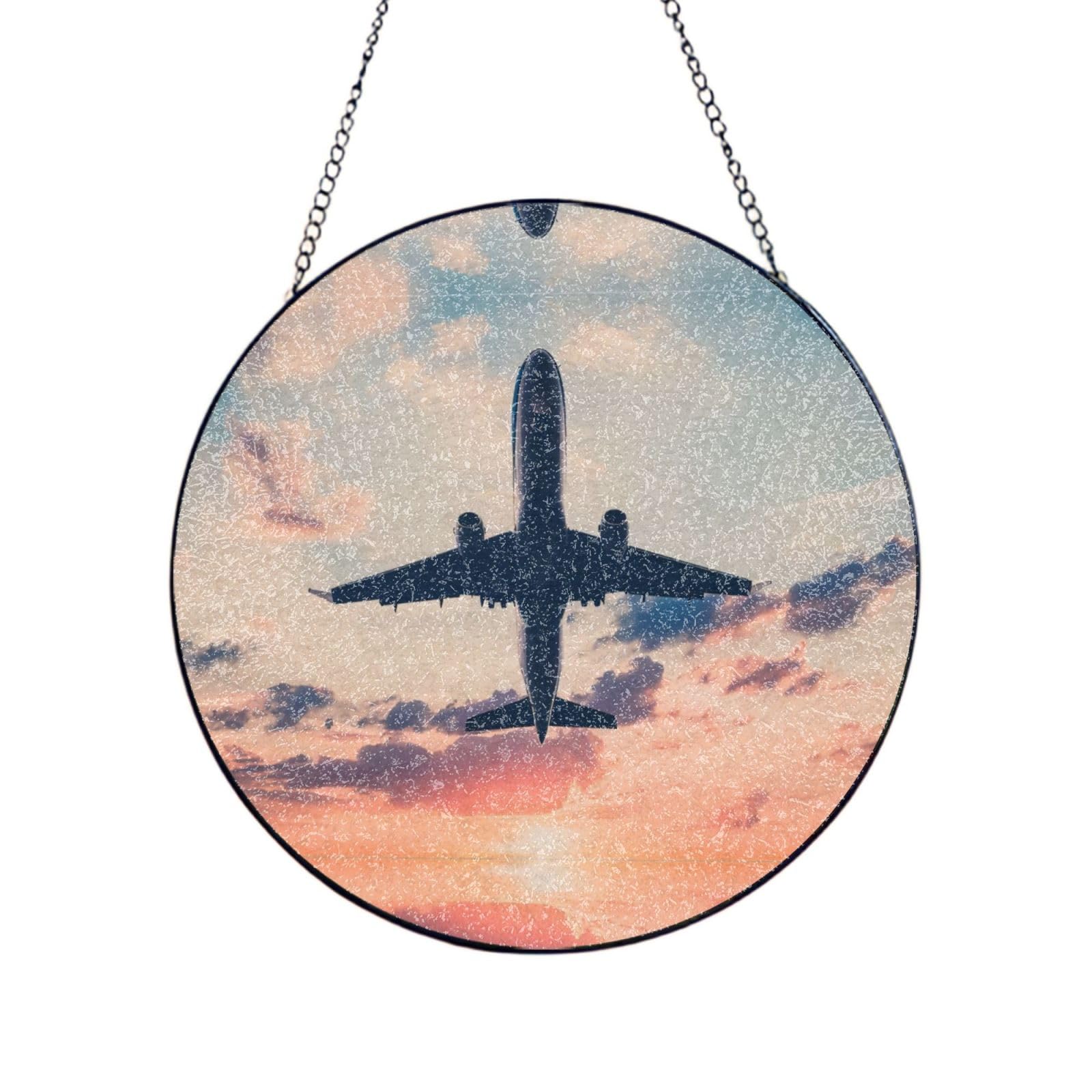 Phayah Airplane Sunset Sky Print Stained Glass Window Hanging Suncatcher For Door Terrace Garden Home Decor Sun Catcher Birthday Gifts For Lovers Dad Mom 12in（30cm）