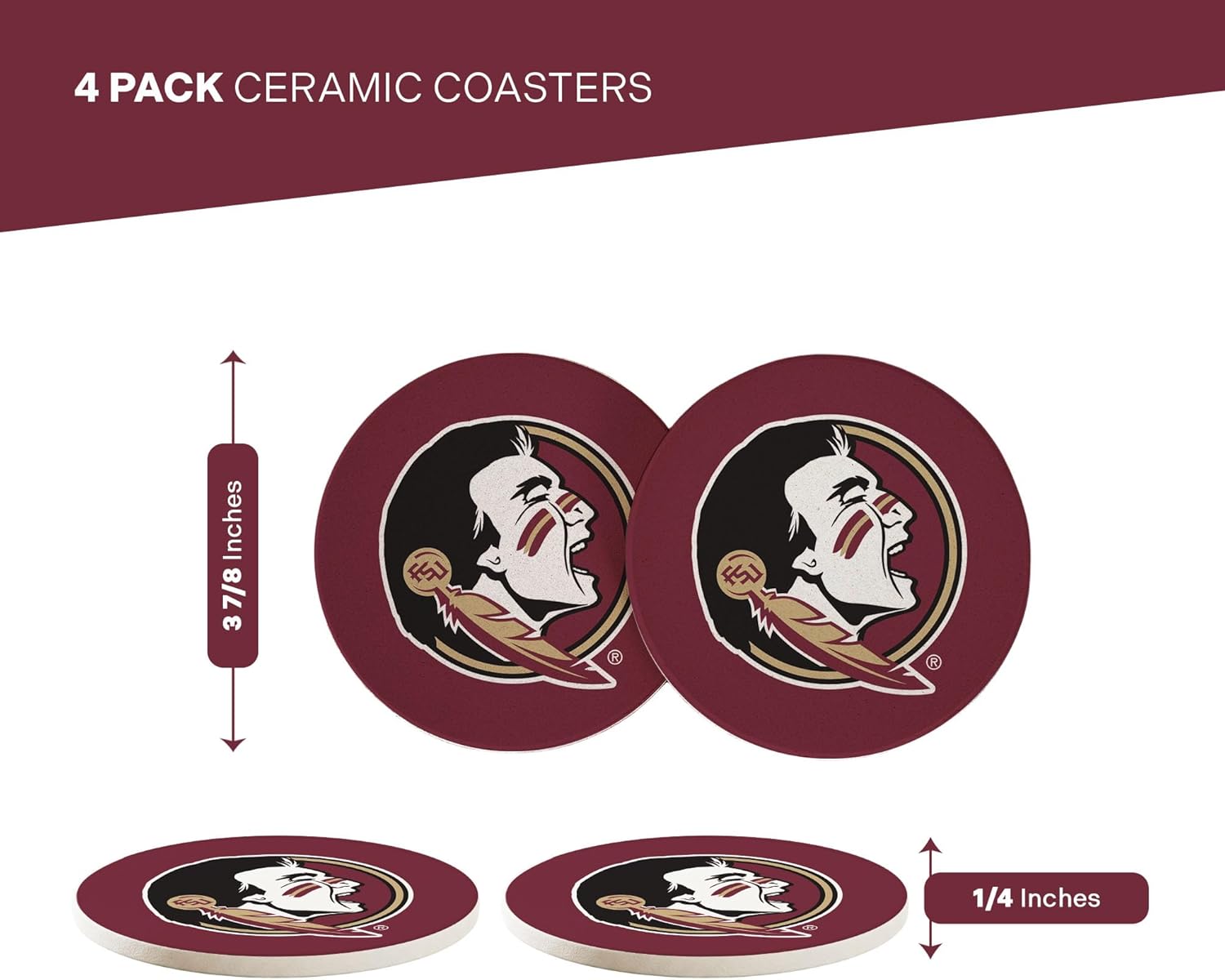 Desert Cactus Florida State University Circle Ceramic Coasters 4 Pack Seminoles FSU Absorbent Drink Coasters with Cork Backing (Design A) - Image 2