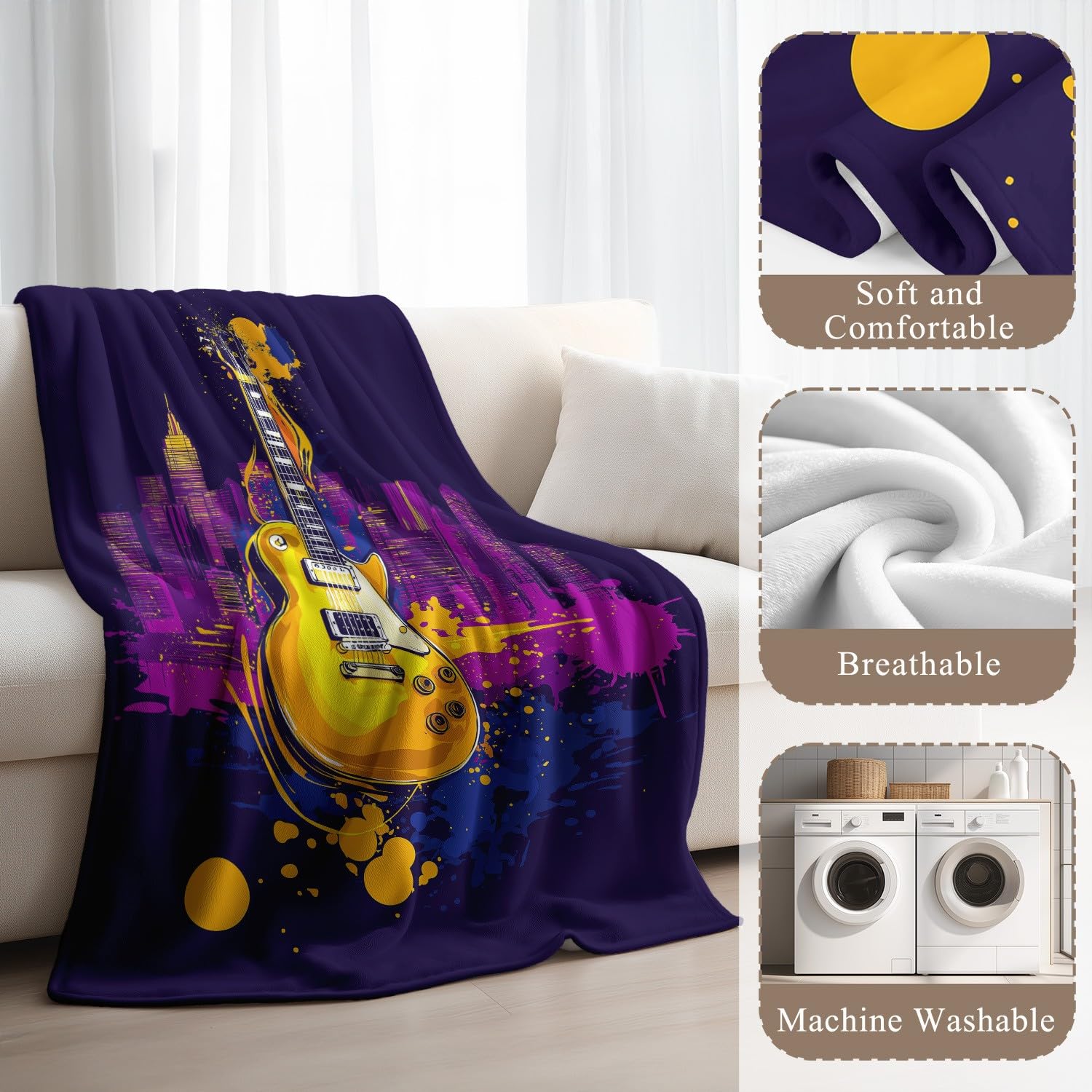 Coperta in flanella con musica rock, Urban Dynamic chitarra elettrica, morbida, per letto, divano, divano, coperta soffice in microfibra, per bambini e adulti, 200 x 200 cm, blu
