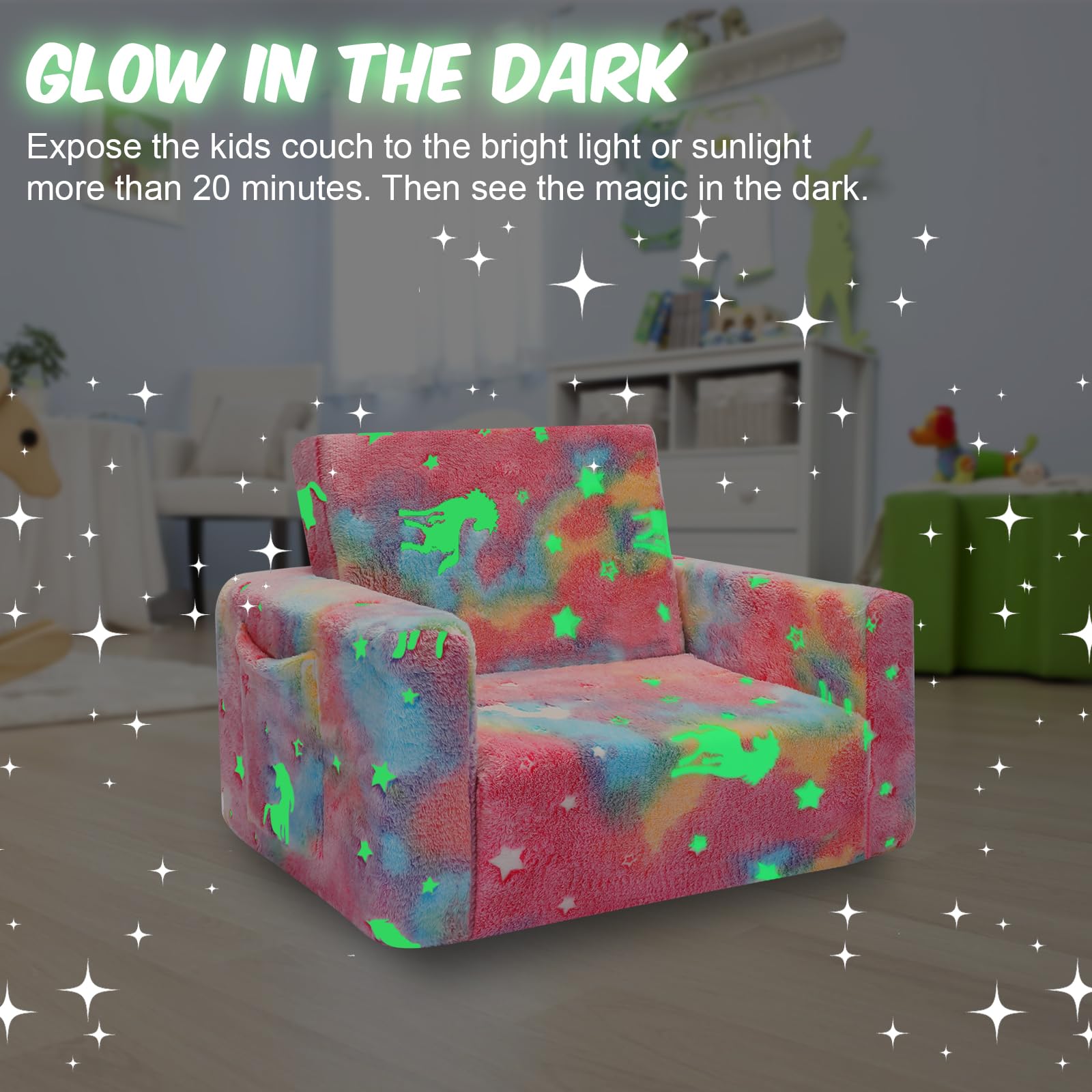 SLIGUY Sofá Plegable para Niños, Convertible a Tumbona, Extraíble y Brillante en la Oscuridad - Regalo para Pequeños (Unicornio Rosa)