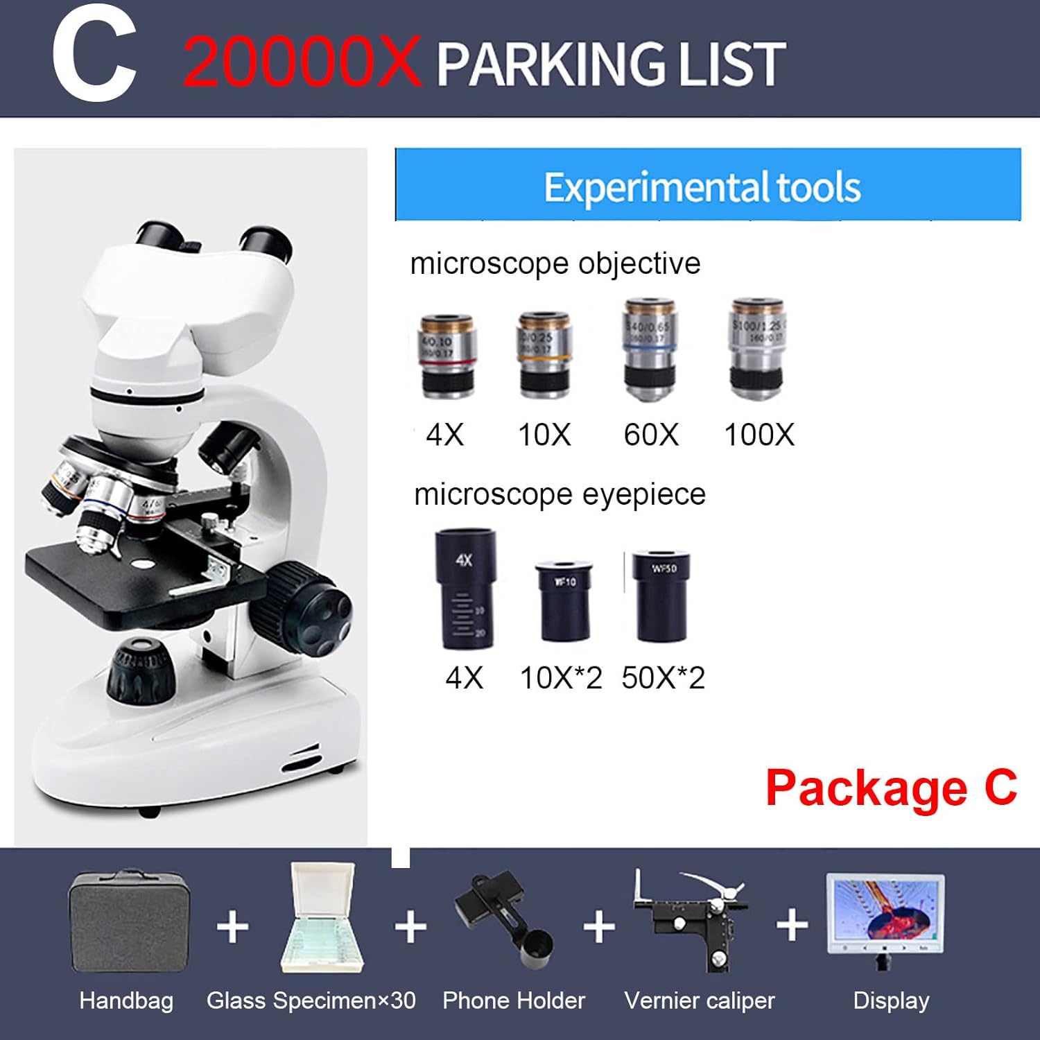 Binocular Compound Microscope, 40X-6000X/ 10000X/ 20000X Magnification, Brightfield, LED Illumination, Sliding Head, High-Resolution Optics, Lab Binocular Microscope for Kids and Adults (C20000x)
